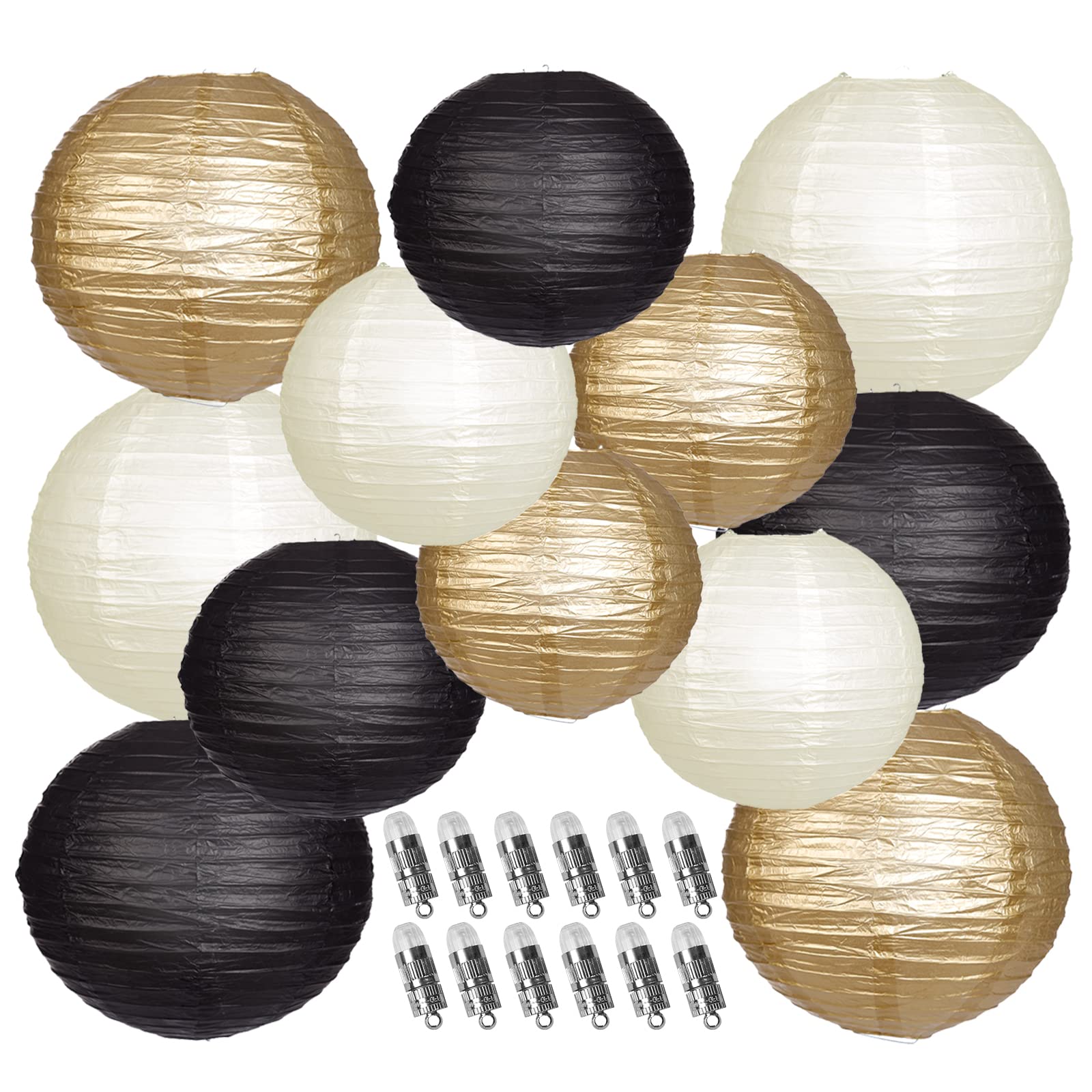 Yunxuan Paper Lanterns Decorative, Black Gold Hanging Round Chinese Lanterns With Lights For Graduation Anniversary Birthday Par