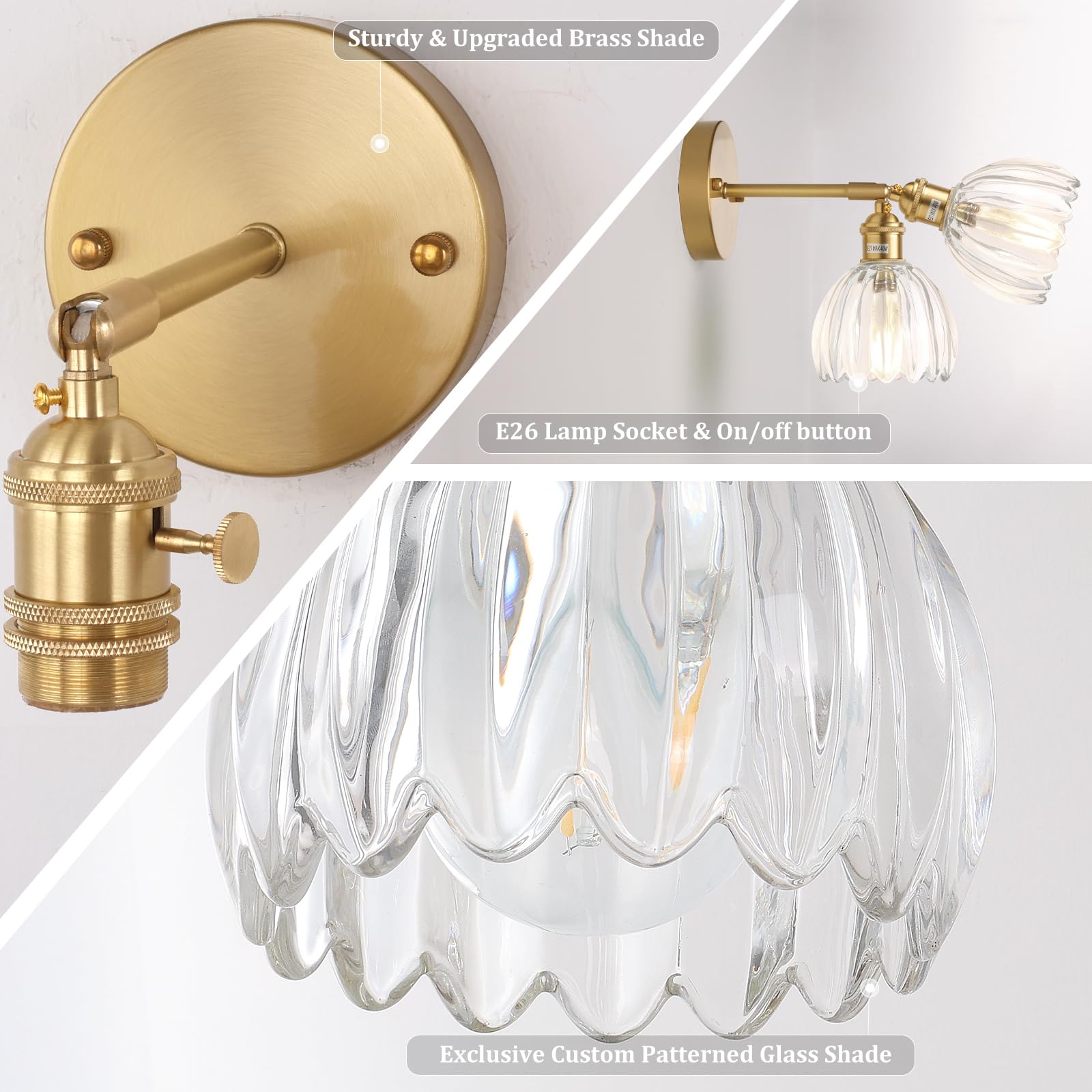Shenmoyl Wall Sconces Set of 2, Brass, 180° Adjustable, Hardwired, Glass Tulip Lampshade, Model 1-9415