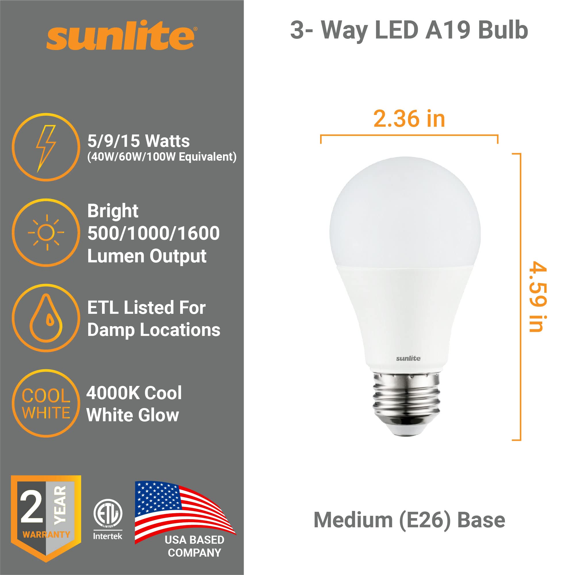 Sunlite 40421 3-Way Led A19 Light Bulb, 5/9/15 Watts (40W 60W 100W Equivalent), 500-1000-1600 Lumens, Medium E26 Base, Omni-Dire