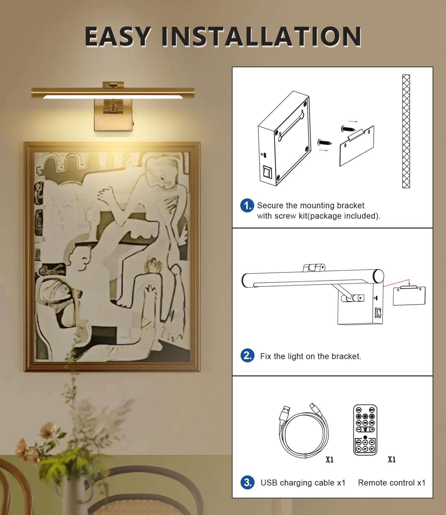Joosenhouse Battery Operated Picture Lights For Wall Rechargeable Art Lighting For Paintings Wireless Gallery Lights With Remote