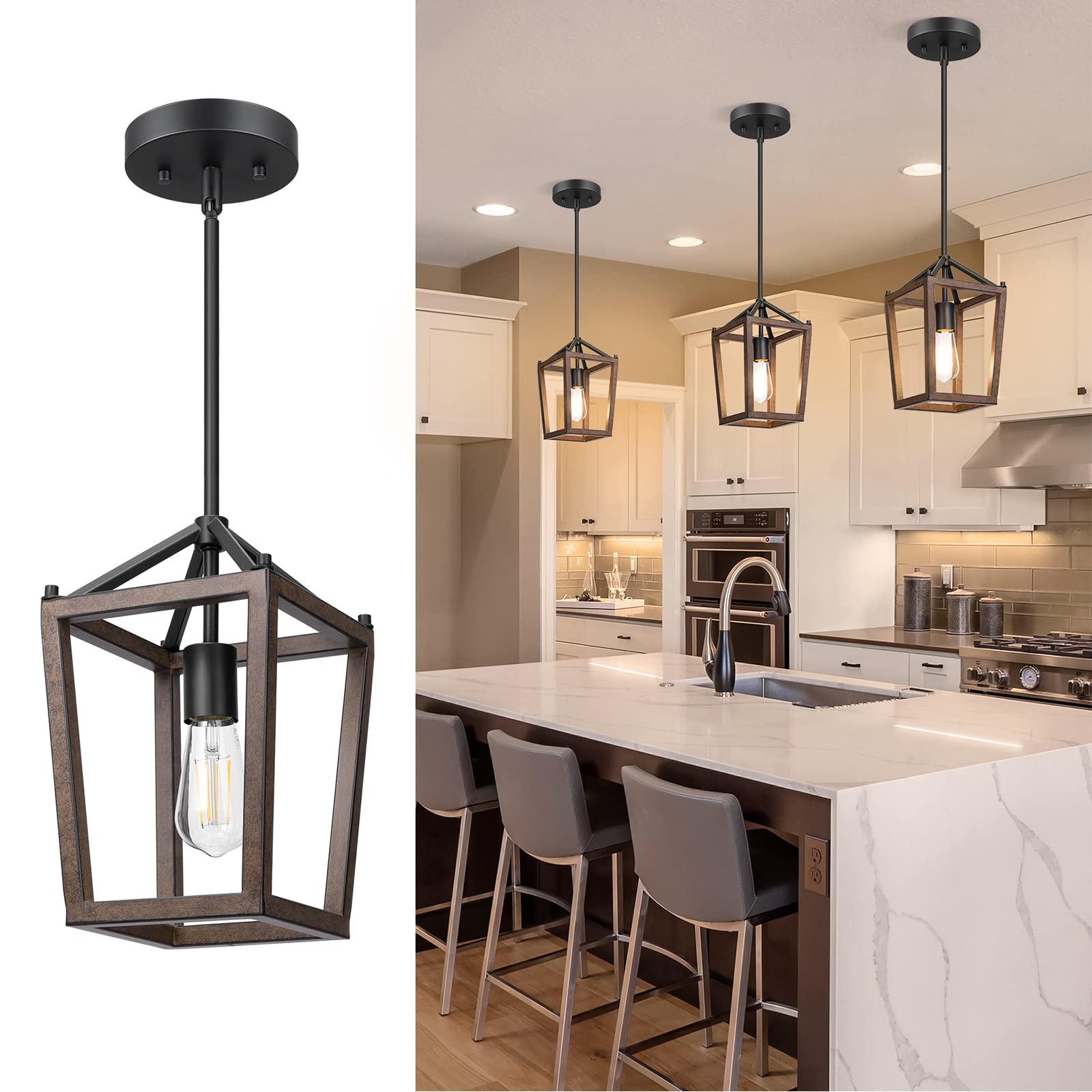 EDISHINE Pendant Lights for Kitchen Island, 1-Light Farmhouse Cage Hanging Light Fixtures, Rustic Wood with Brown Finish, Adjust
