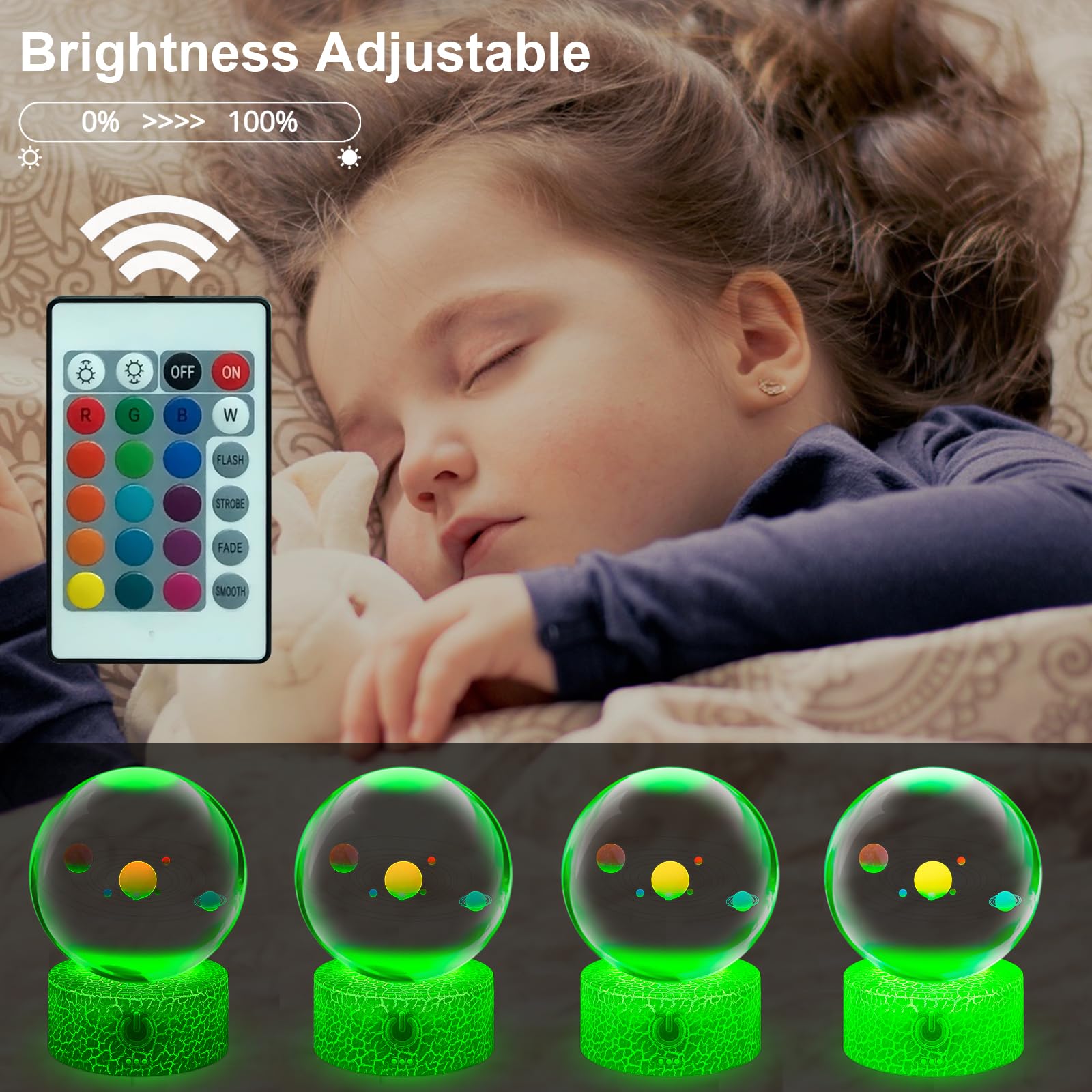 Crystal Ball Lamp 3D Crystal Ball Solar Colorful 9 Planets Sun Earth Mars Lamp with Touch Stand LED 16 Colors Changing Dimmable