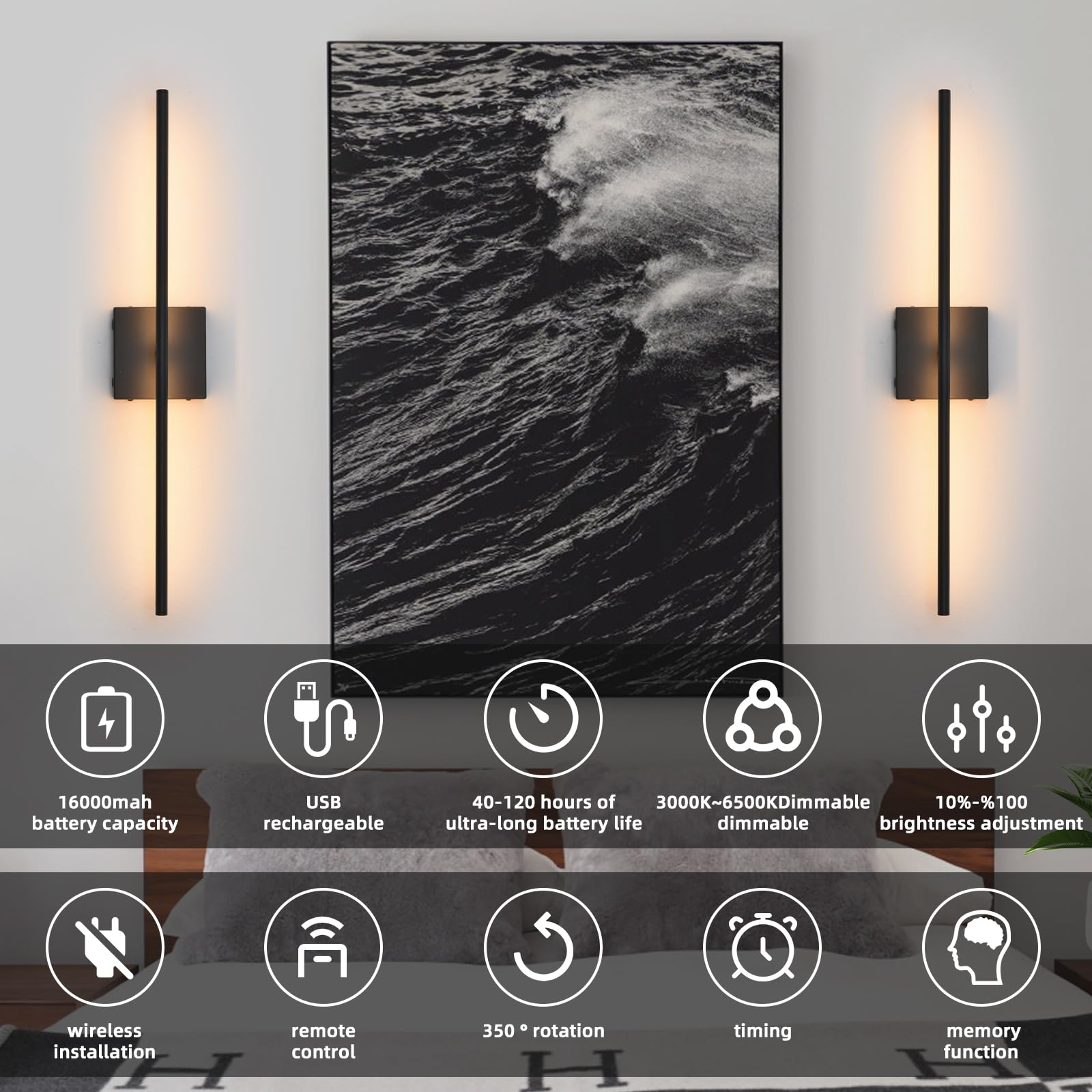 Battery Operated Wall Sconces Set Of 2, 16000Mah Black Rechargeable Wall Sconce With Remote Control, 3000K-6000K Dimmable Led Wireless Wall Light For Living Room, Hallway, Bedroom, Stairs, 29 Inchs