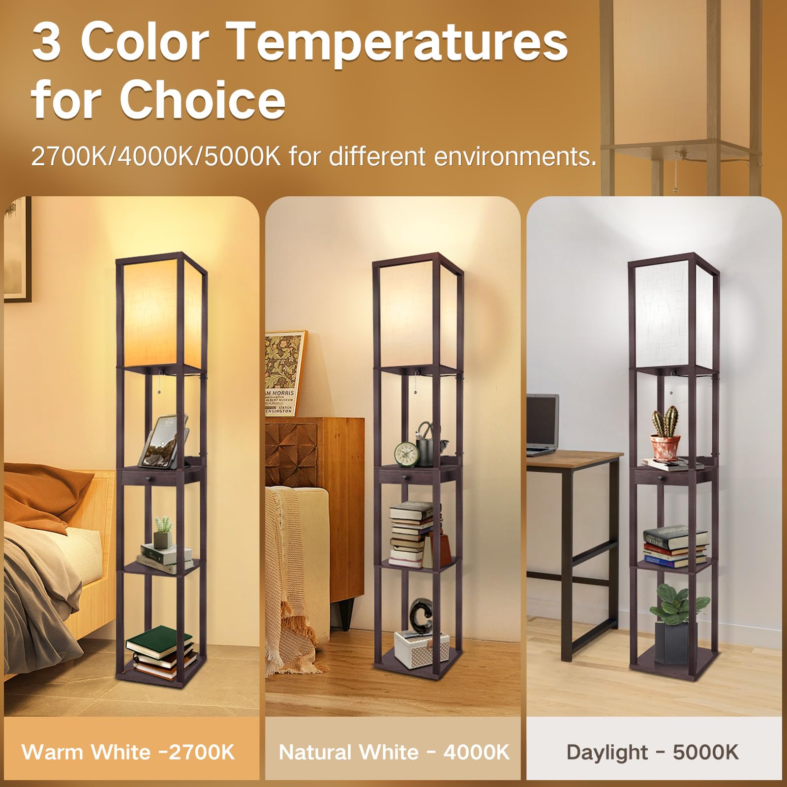 OUTON Deluxe Floor Lamp with 1 Drawer, 2 USB-C Ports, 2 AC Outlets, Wood, Walnut, Model CJD-CT-WT-03