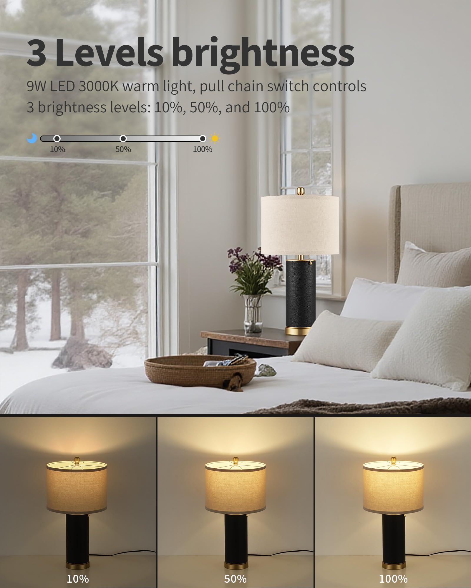 KDG 23.4" Black PU Leather Table Lamps Set of 2, LED, 3 Level Brightness, Fabric Lampshade, Modern Design for Living Room, Bedroom, Nightstand