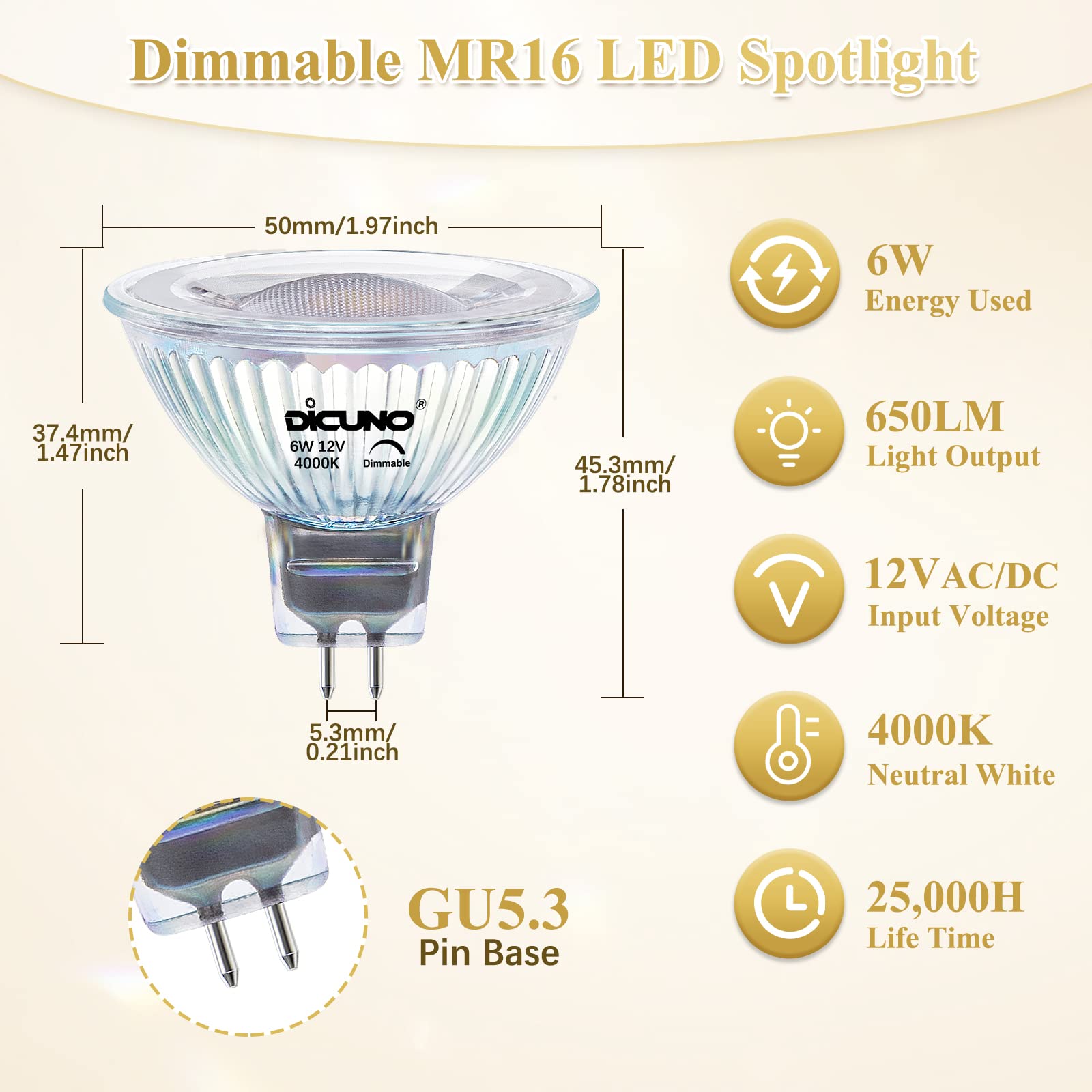 DiCUNO MR16 LED Bulb Dimmable 6W, 4000K Natural White, GU5.3 Base, 40° Beam Angle, Pack of 10