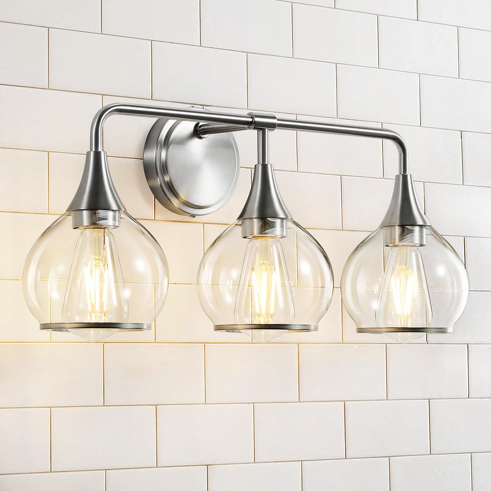 Hahzt Brushed Nickel Bathroom Vanity Light 3 Lights Bathroom Light Fixtures Over Mirror With Clear Glass Shade 22.4 Inch Wall Sc