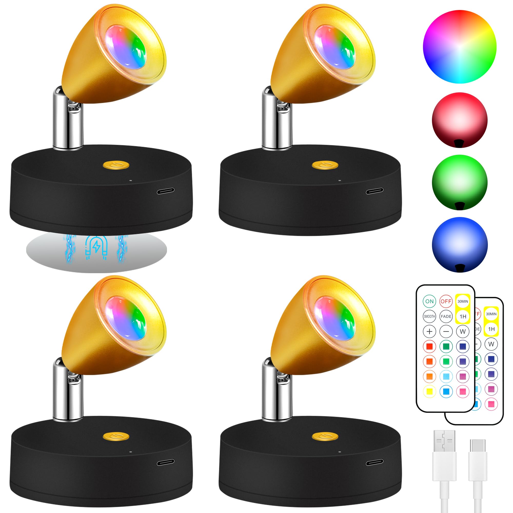 Destlife 4 Pack RGBW Spotlights Decor, Rechargeable Wireless Spot Lights Indoor Ambient Lighting, Focus Lights Indoor, Accent Li