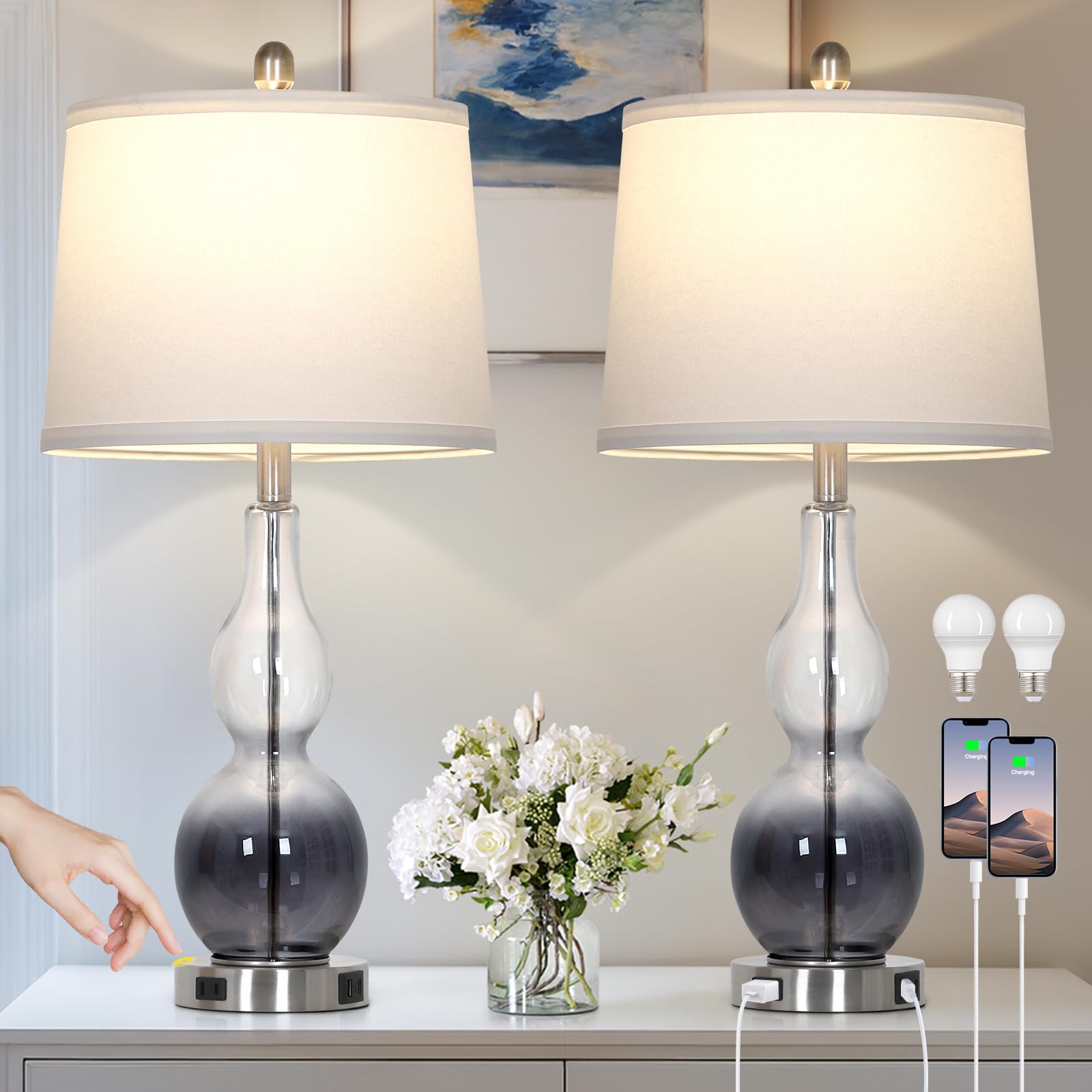 Rinweey 27.5 Gradual Gray Clear Glass Table Lamp Set of 2 3-Way Dimmable Touch Control Bedside Lamps with USB Ports and AC Outlet  Modern Nightstand Lamps for Bedroom Living Room