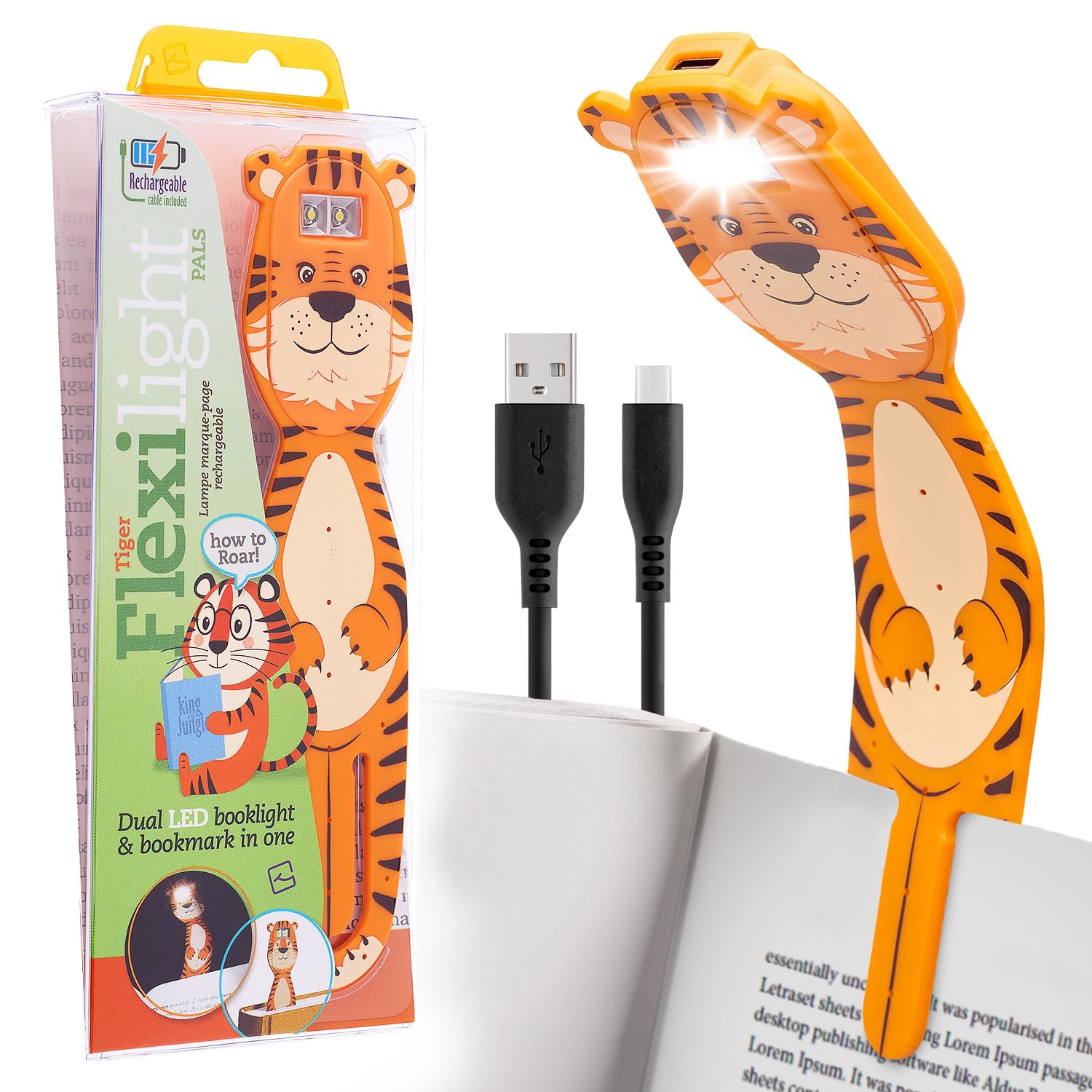 Gifts for Readers & Writers Flexilight Pal Reading Light | LED Bookmark Lamp | Rechargeable | Plastic | Tiger Color