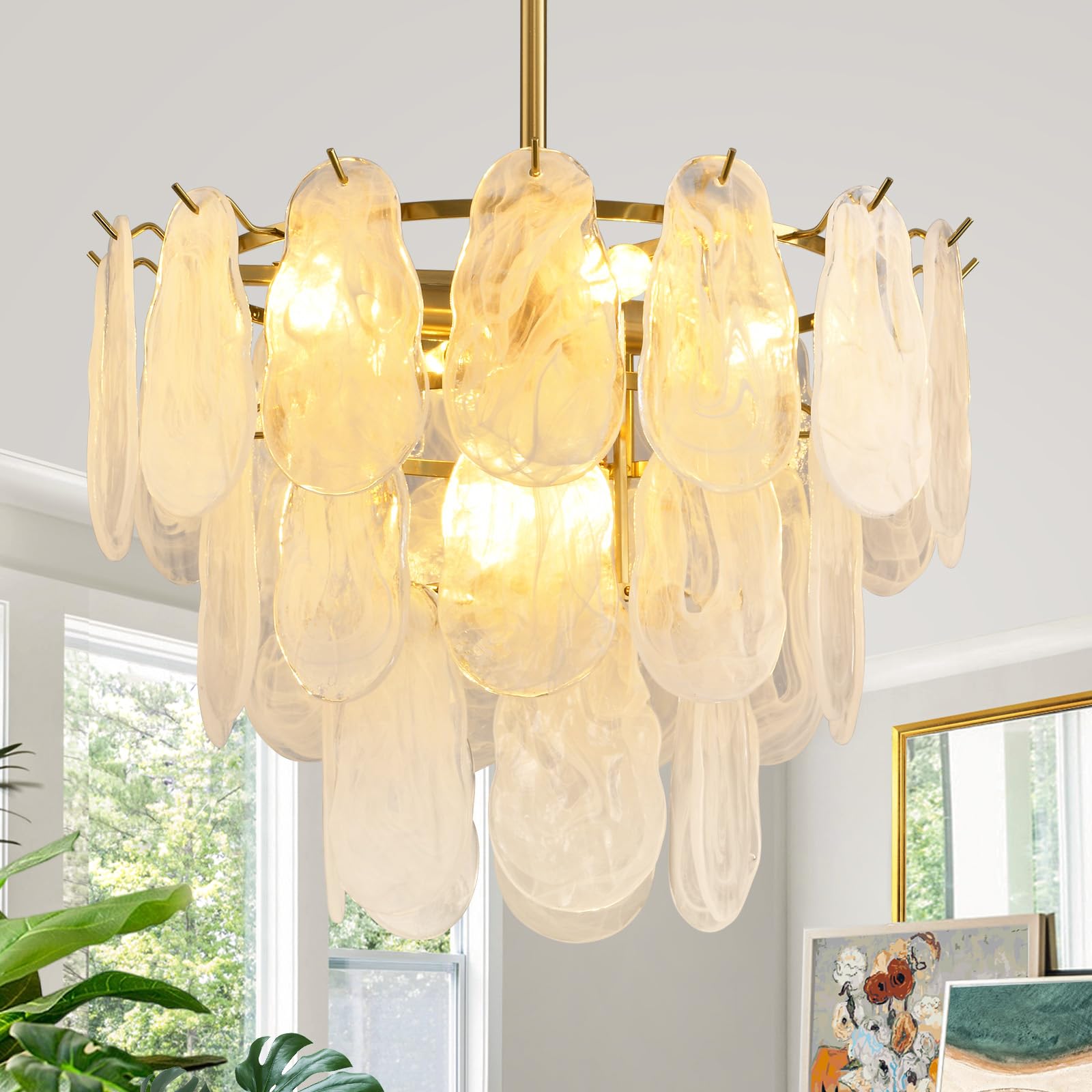 Modern Gold Cloud Glass Chandeliers, 19.68 Inches Creative Crystal Pendant Ceiling Fixture, 2 Tier Luxury Height Adjustable Chan
