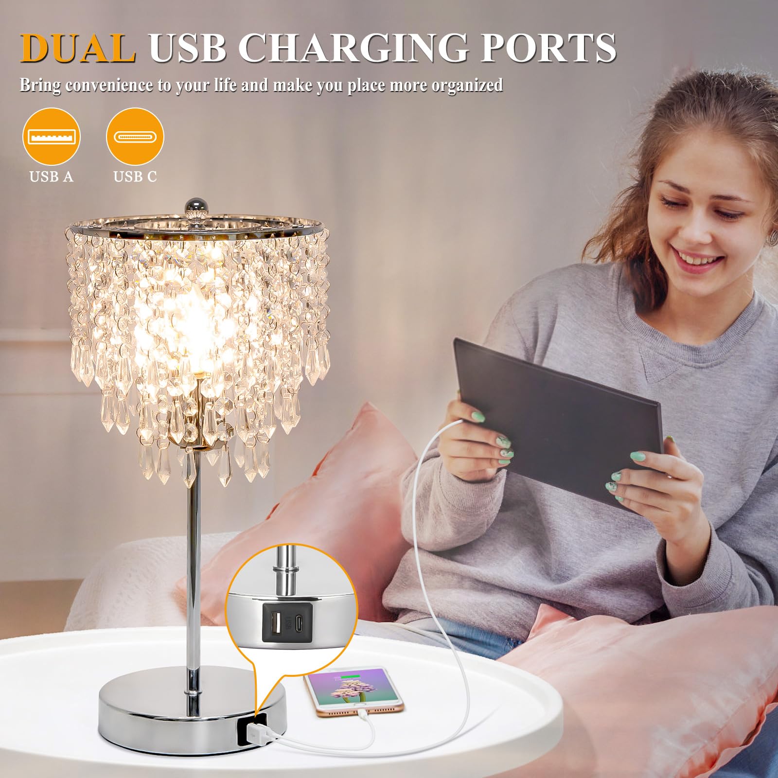 Seaside Village Touch Control Crystal Table Lamp, 3-Way Dimmable, USB Ports, Silver, Model 13047, B11 LED Bulb Included