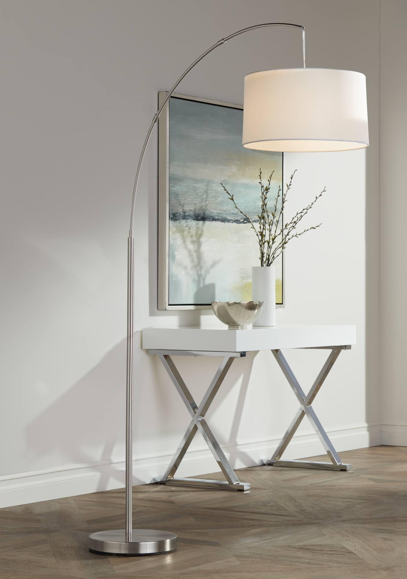 360 Lighting Modern Arched Floor Lamp 72in Tall Brushed Nickel Silver Off White Linen Shade, Model 35F53