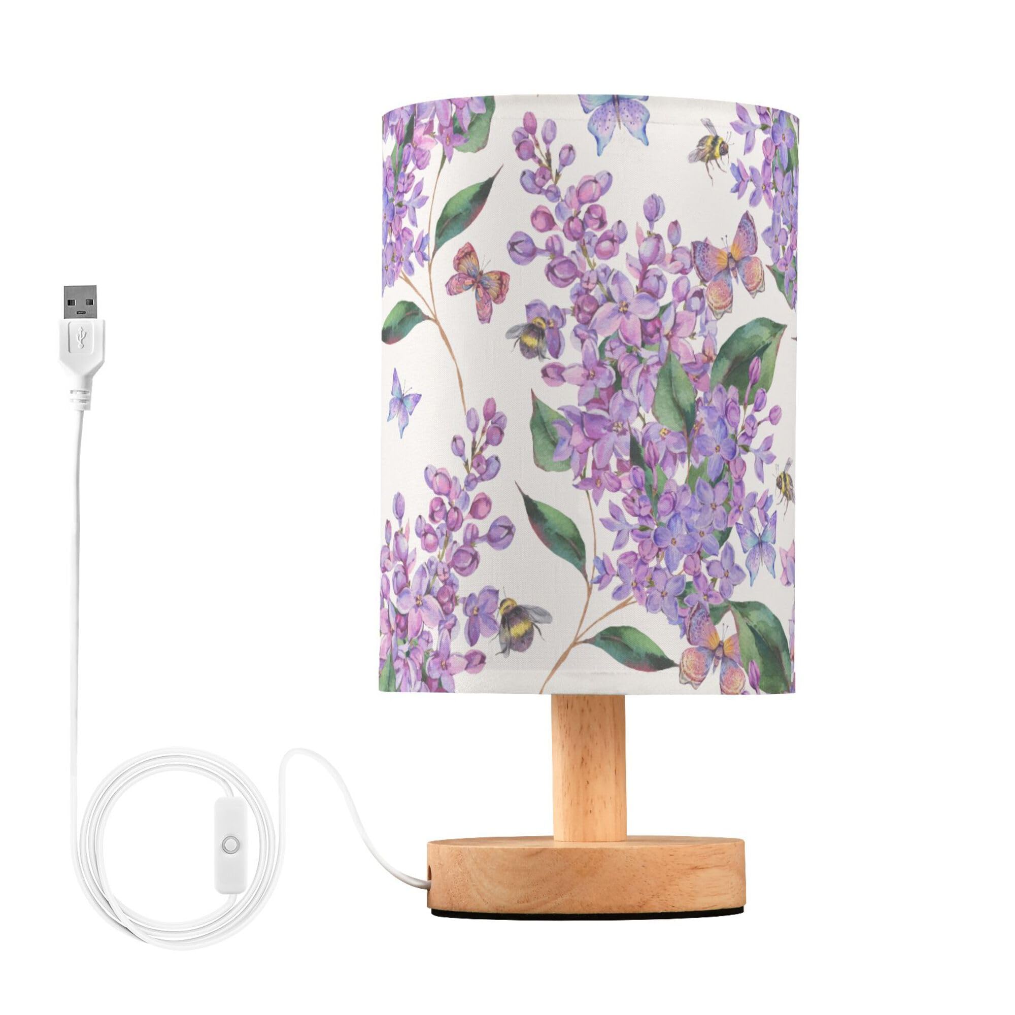 YYZZH Table Lamp Purple Lilac Flower Bee Butterfly Nature Floral Nightstand Lamp with Wood Base Fabric Lamp Shade Bedside Desk L