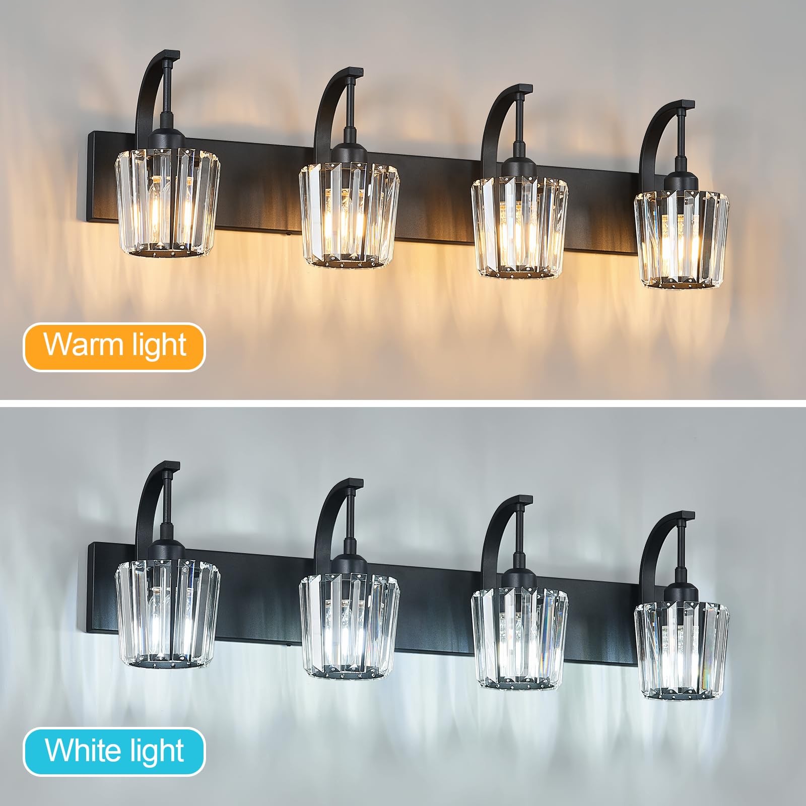 Fdpby Modern Bathroom Vanity Light  4-Light Black Wall Sconce With Crystal Accents  Over Mirror Bathroom Lighting Fixture  32.67 Long Dimmable Vanity Lamp For Makeup  Easy Installation
