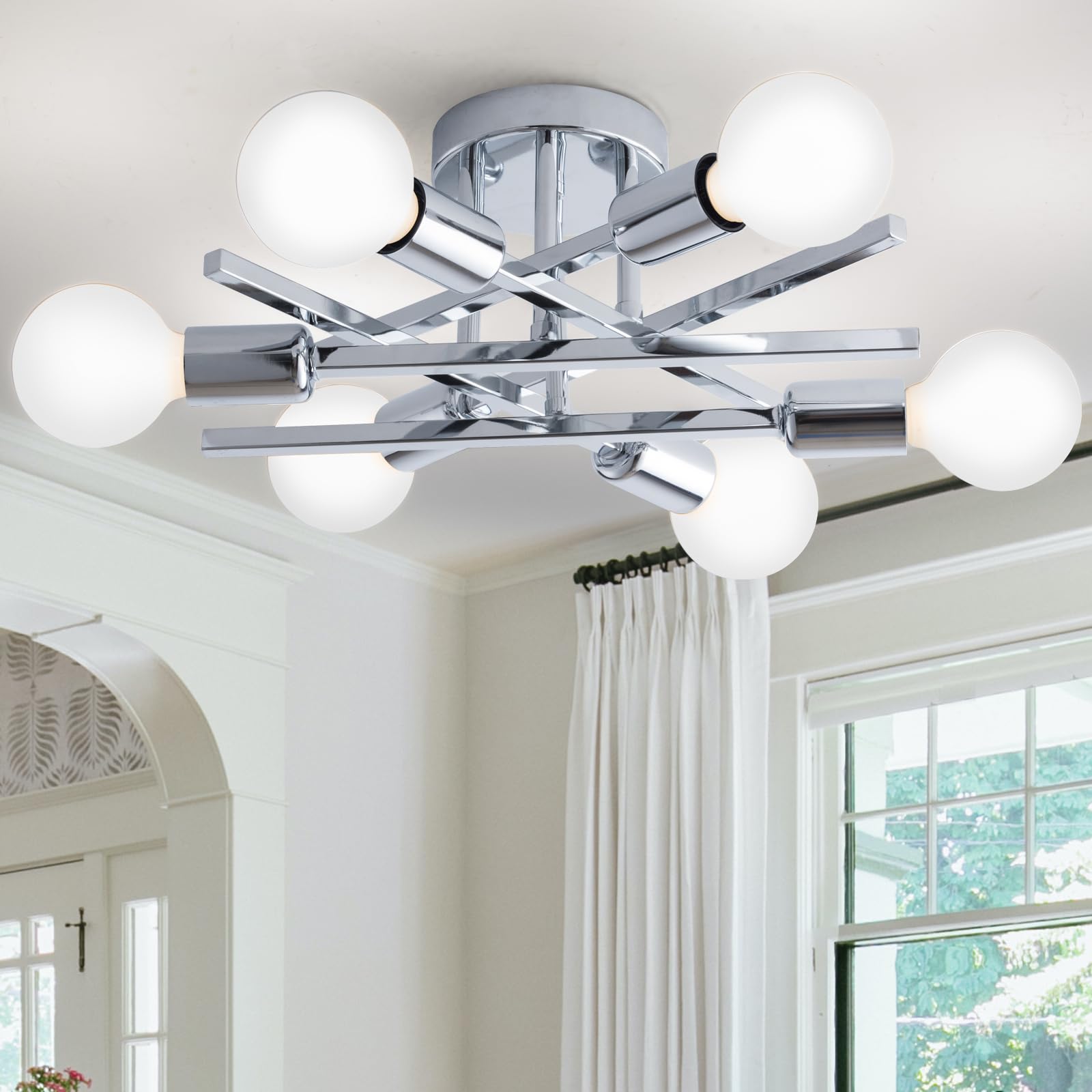 Xingsiyuelyx 6-Light Chrome Sputnik Ceiling Light Fixture,Semi Flush Mount Ceiling Light,Modern Close To Ceiling Light,Chandelier Light Fixture Ceiling For Living Room Dining Room Foyer,E26 Socket