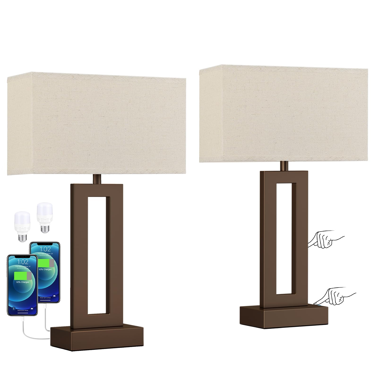 Seealle Bedroom Lamps for Night Stands - Touch Control  3 Way Dimmable  USB C+A Charging  LED Bulbs  Easy Assembly(Yellow&Brown)