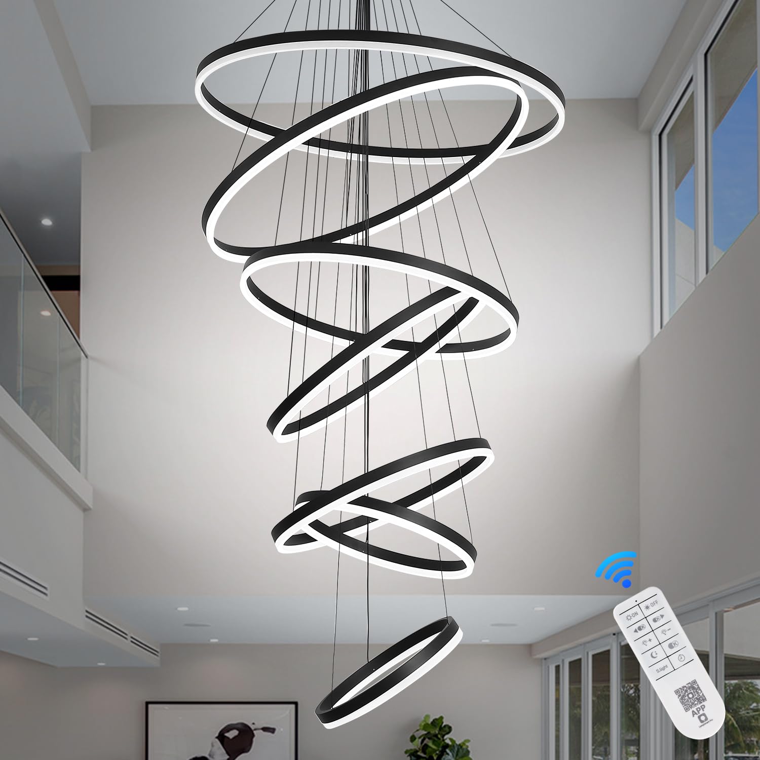 XGZLLIGHTING 7-Rings Modern LED Chandelier Black D31.5 Contemporary Foyer Chandeliers Large with Remote Entryway High Ceiling Ch