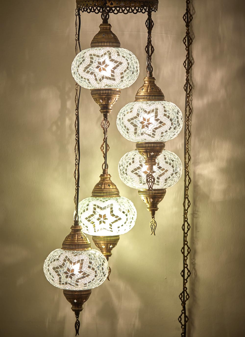 DEMMEX - 5-Large 7 Globes Turkish Moroccan Mosaic Plug-in Chandelier - Colorful Bohemian Pendant Light with 15-ft Cord&Chain,