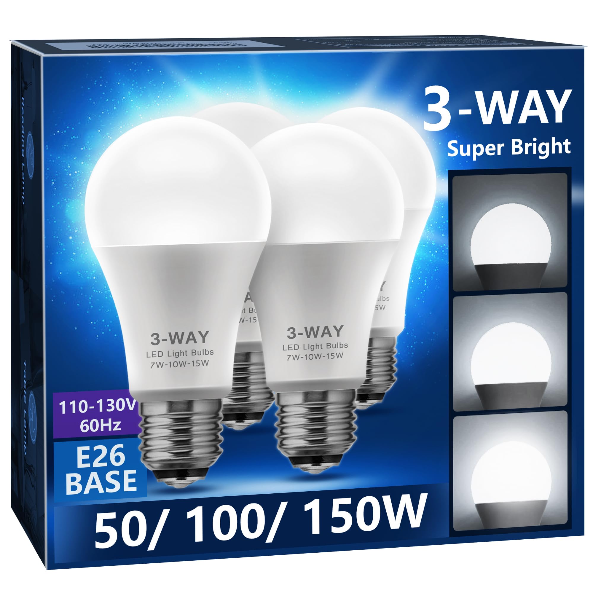 Briignite 3 Way Led Light Bulbs, 3 Way Light Bulbs 50 100 150W Equivalent Daylight 5000K A19 Light Bulbs E26 Base, Three Way Lig