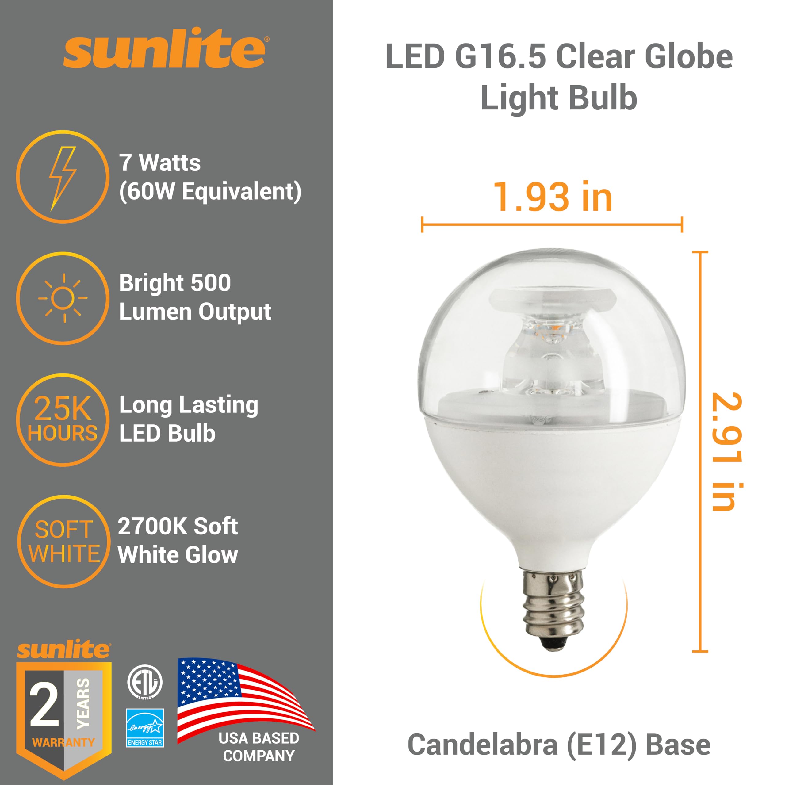 Sunlite LED G16.5 Globe Light Bulb, 7W (60W Equivalent), 500 Lumens, 2700K Warm White, Dimmable, Clear, 6 Count