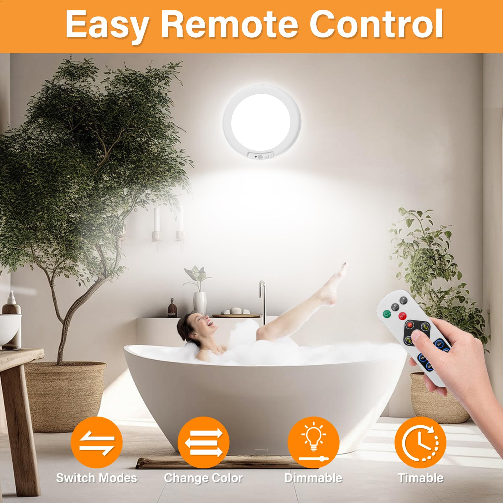VIIVUU Rechargeable Ceiling Light - Battery Operated, Motion Sensor, Dimmable, Remote Control, White, Model T070-XD, 1P Size