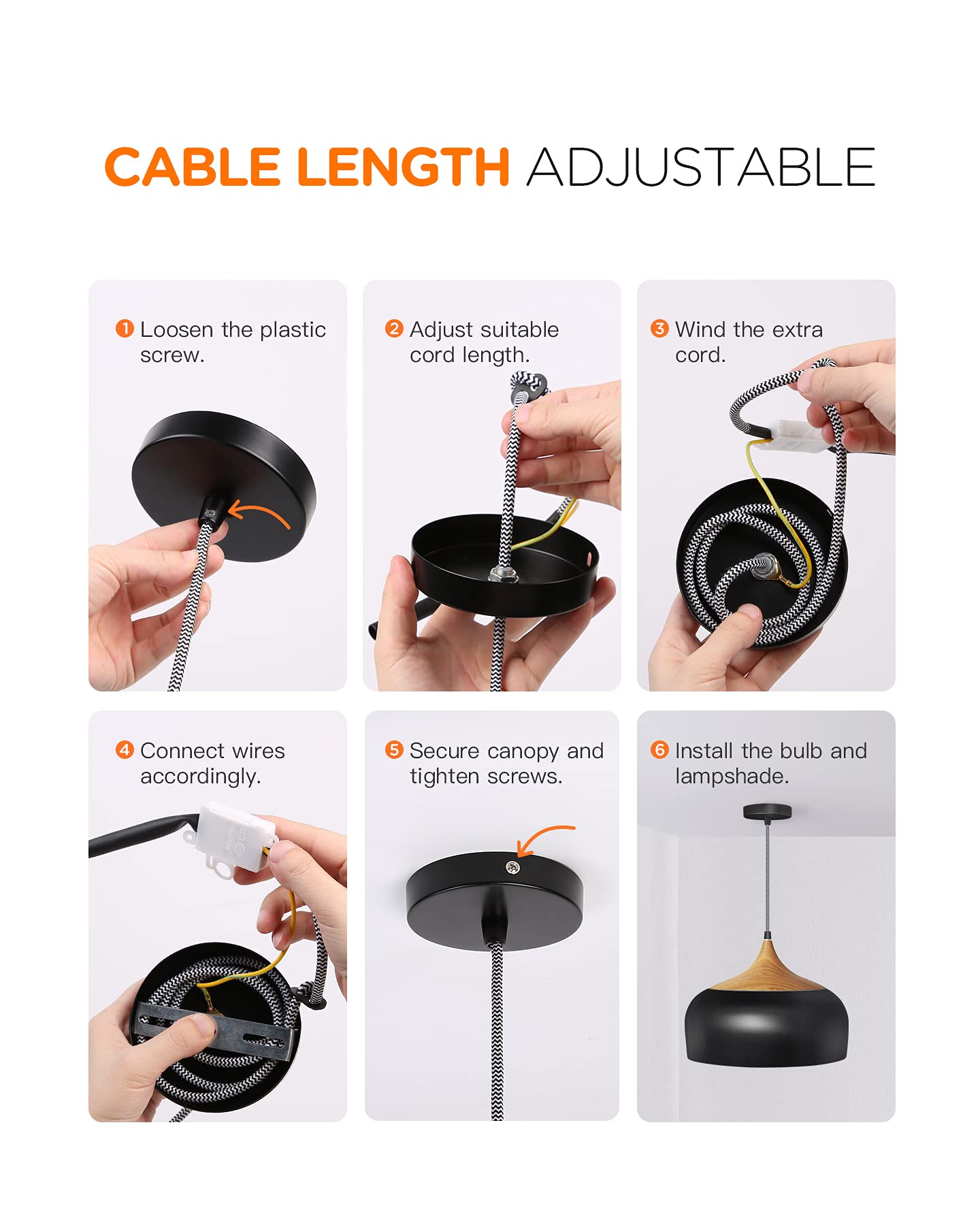 Tomons Modern Black Pendant Light - Led Bulb, Wood Pattern Dome For Kitchen, Dining, Living Room