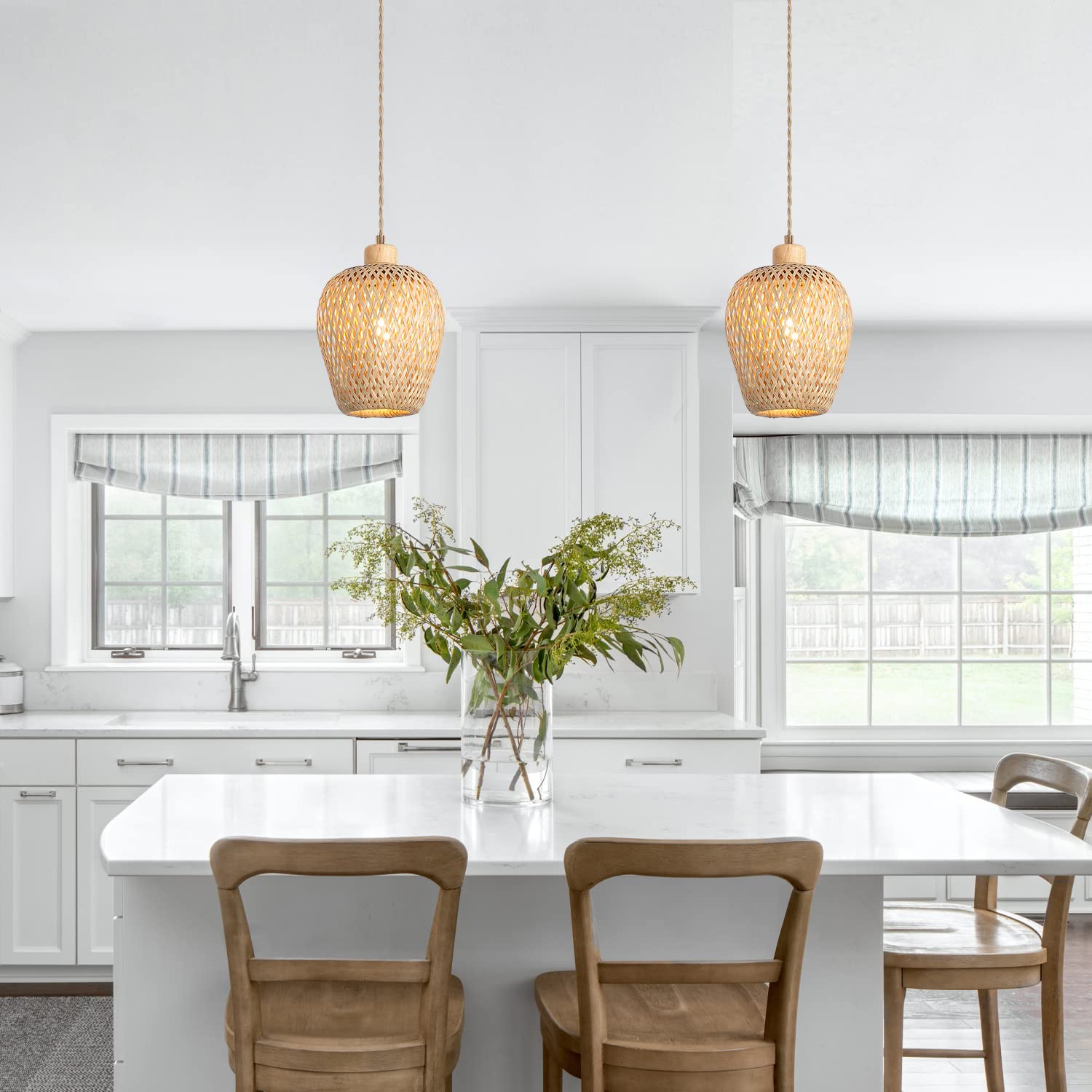 Hchunqjor Bamboo Pendant Light Fixture, One-Light Adjustable, Handmade Woven, Small Size, Natural Color, Model 3606-1