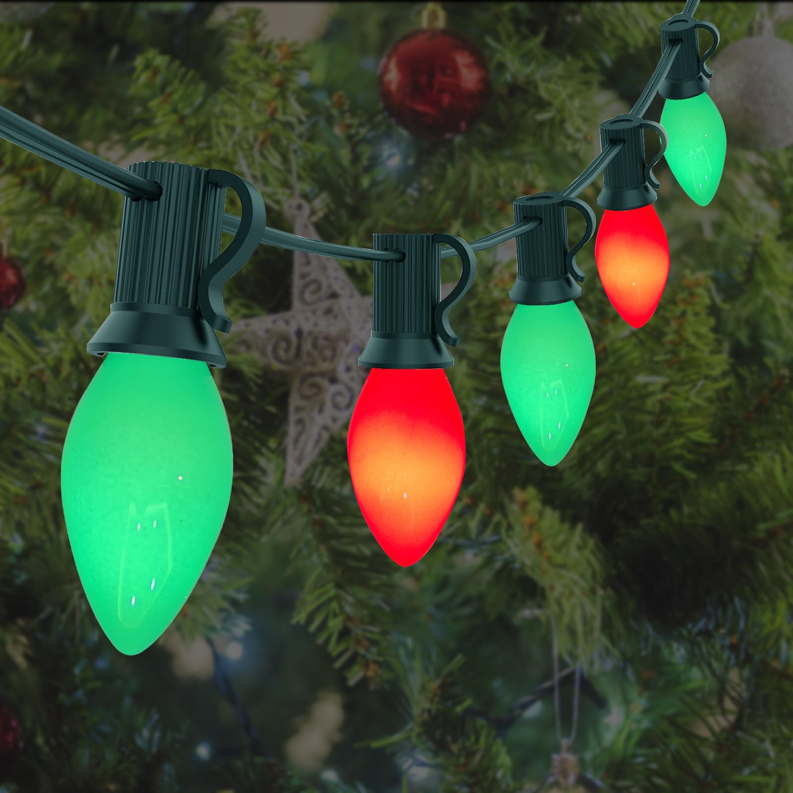 GOOTHY C7 Christmas Lights String - 25Ft Outdoor Decor with 27 Red/Green Ceramic Bulbs, Vintage Hanging Lights, Model ULP(7)-LR(25)(5W)