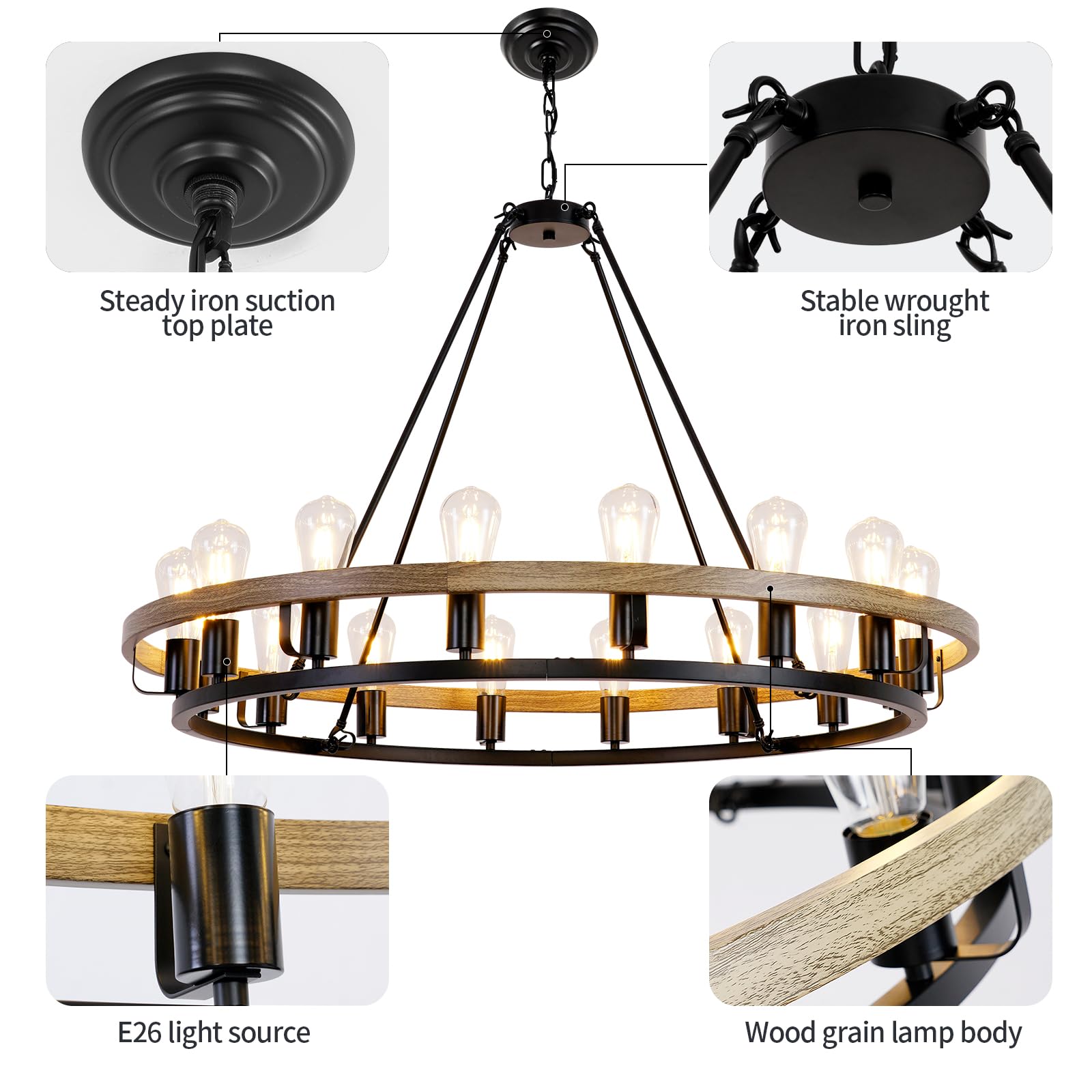 WOGON WEEL 16-Light Wagon Wheel Chandelier, 39-Inch Rustic Farmhouse, Black & Oak Wood Finish, Model chelun019