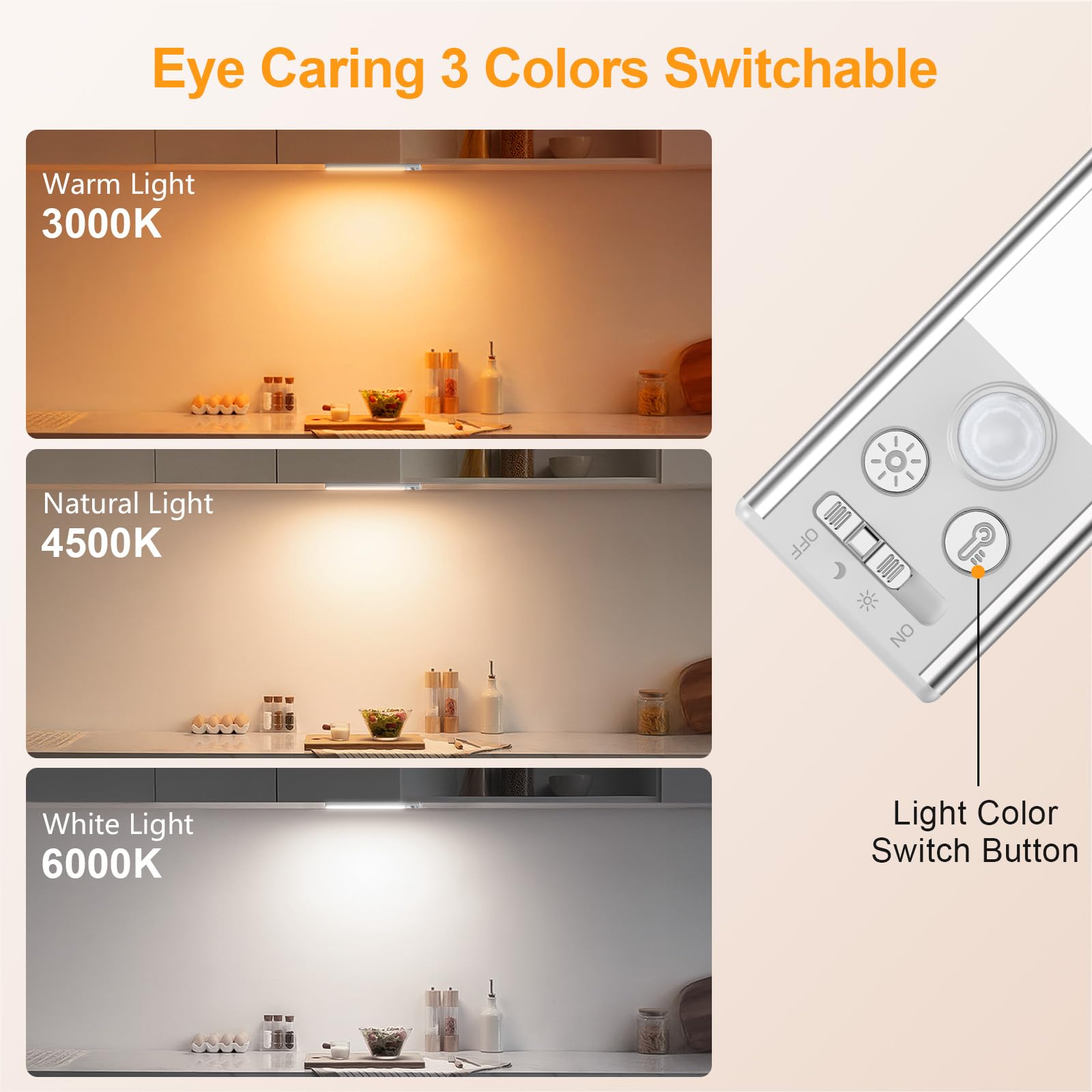 Gritin 10.2" Under Cabinet Lighting - Rechargeable, 84 LEDs, 3 Colors, Motion Sensor, Aluminum, Silver - Model G1358, 2 Pack