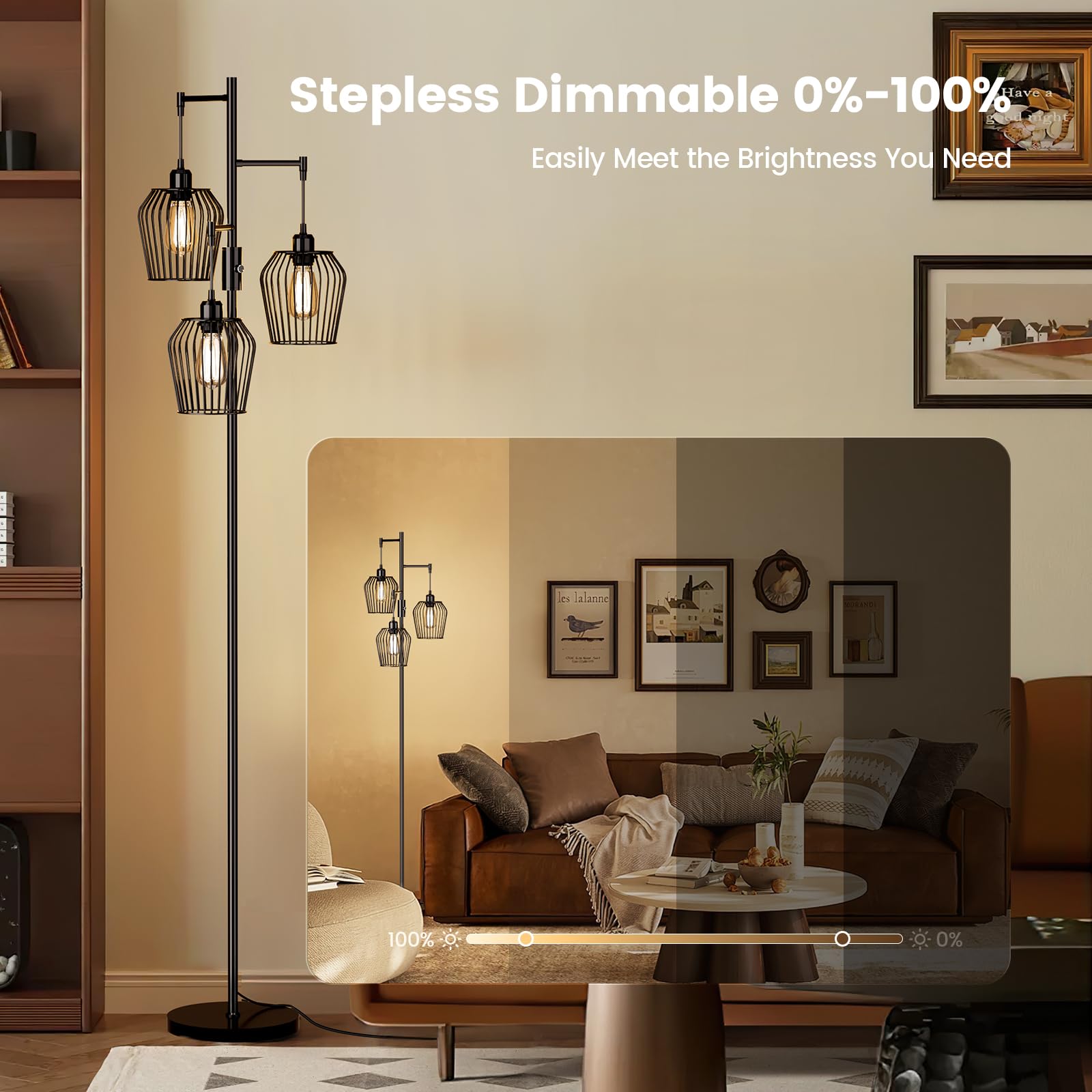 Sibrille Dimmable Floor Lamp, Farmhouse Industrial Floor Lamp With Elegant Cage & 3 X 1000Lm Led Bulbs, Tall Standing Lamp Black