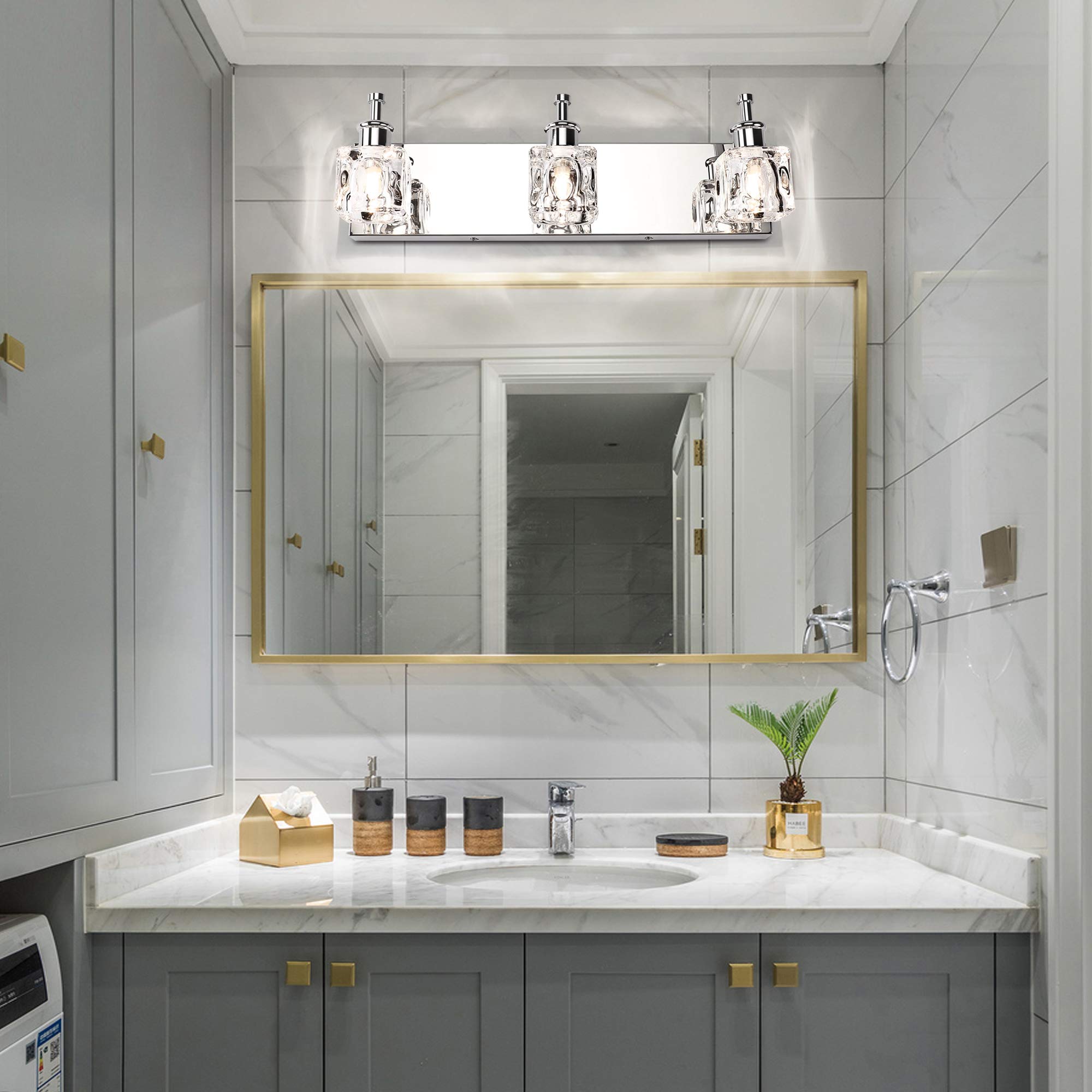 PRESDE Bathroom Vanity Lights Fixture, 3-Lights, LED, Modern Chrome, Crystal Glass Globe, Excludes Bulb