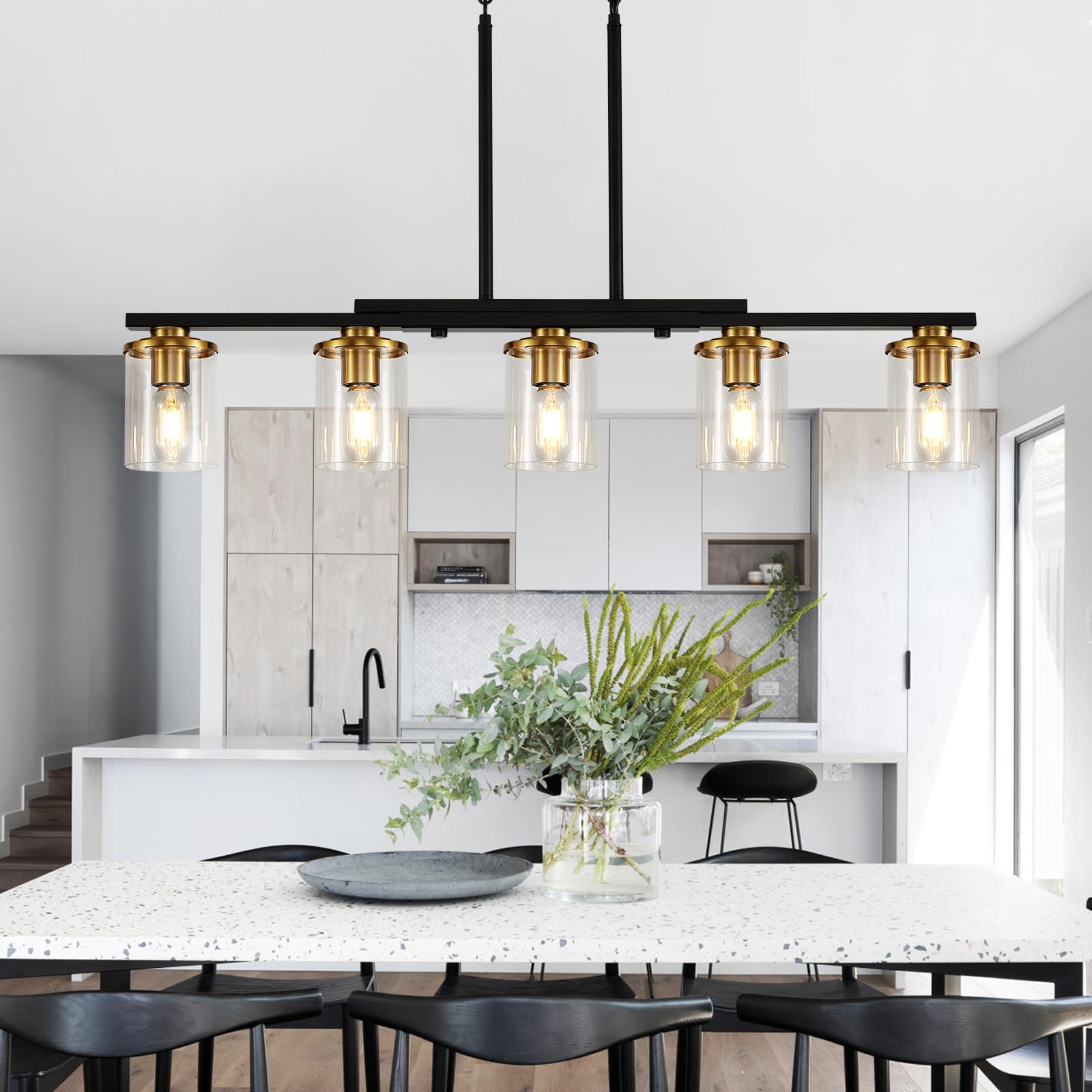 XvmBvm 5-Light Kitchen Island Lighting Chandelier, Modern Rustic Black and Gold, Clear Glass Shade, 36.2inch, Ideal for Dining Room