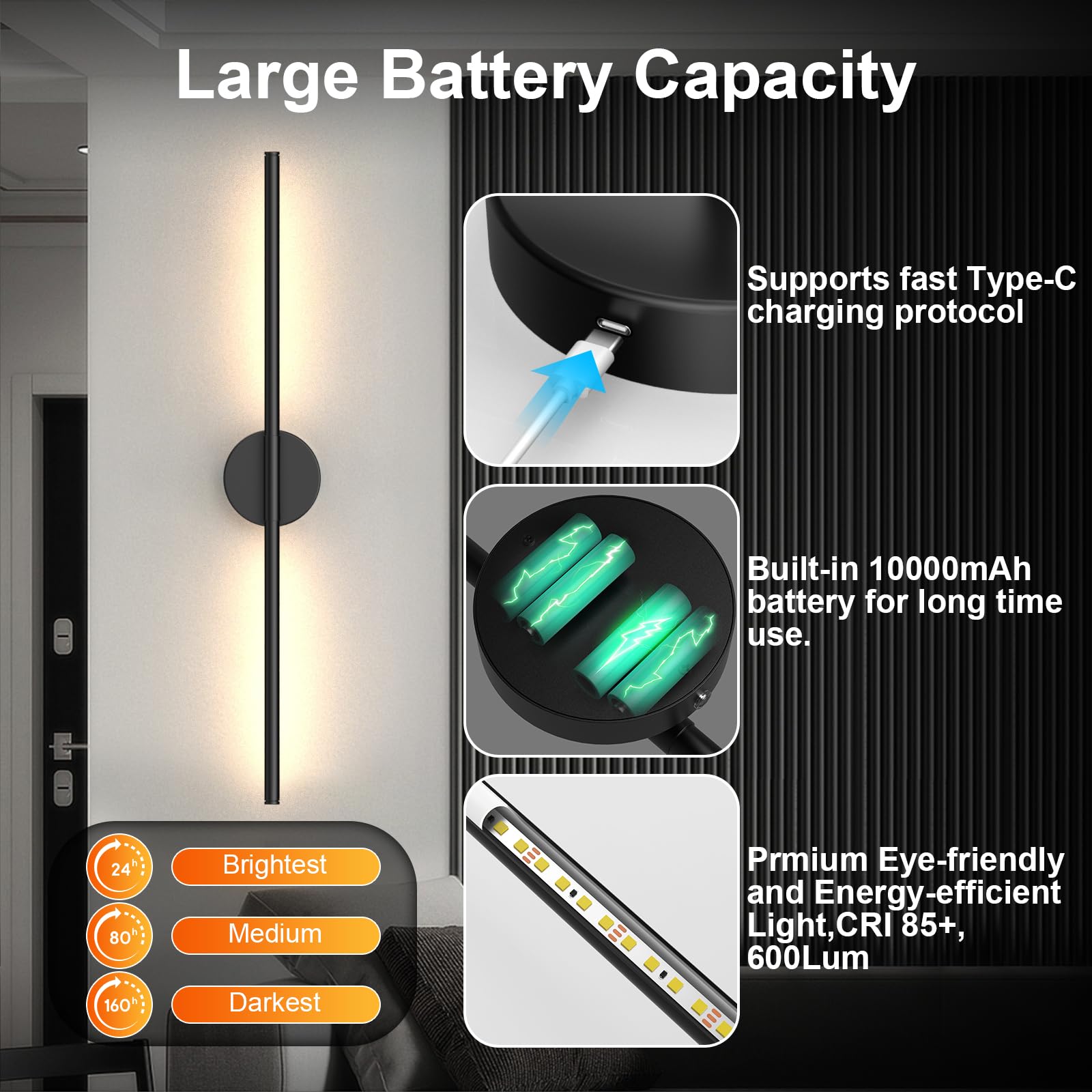 Tartek Battery Operated Wall Sconces Set of Two, Dimmable LED 3000K-6000K, 32 Inch, Black, Rechargeable with Remote Control, Model SE