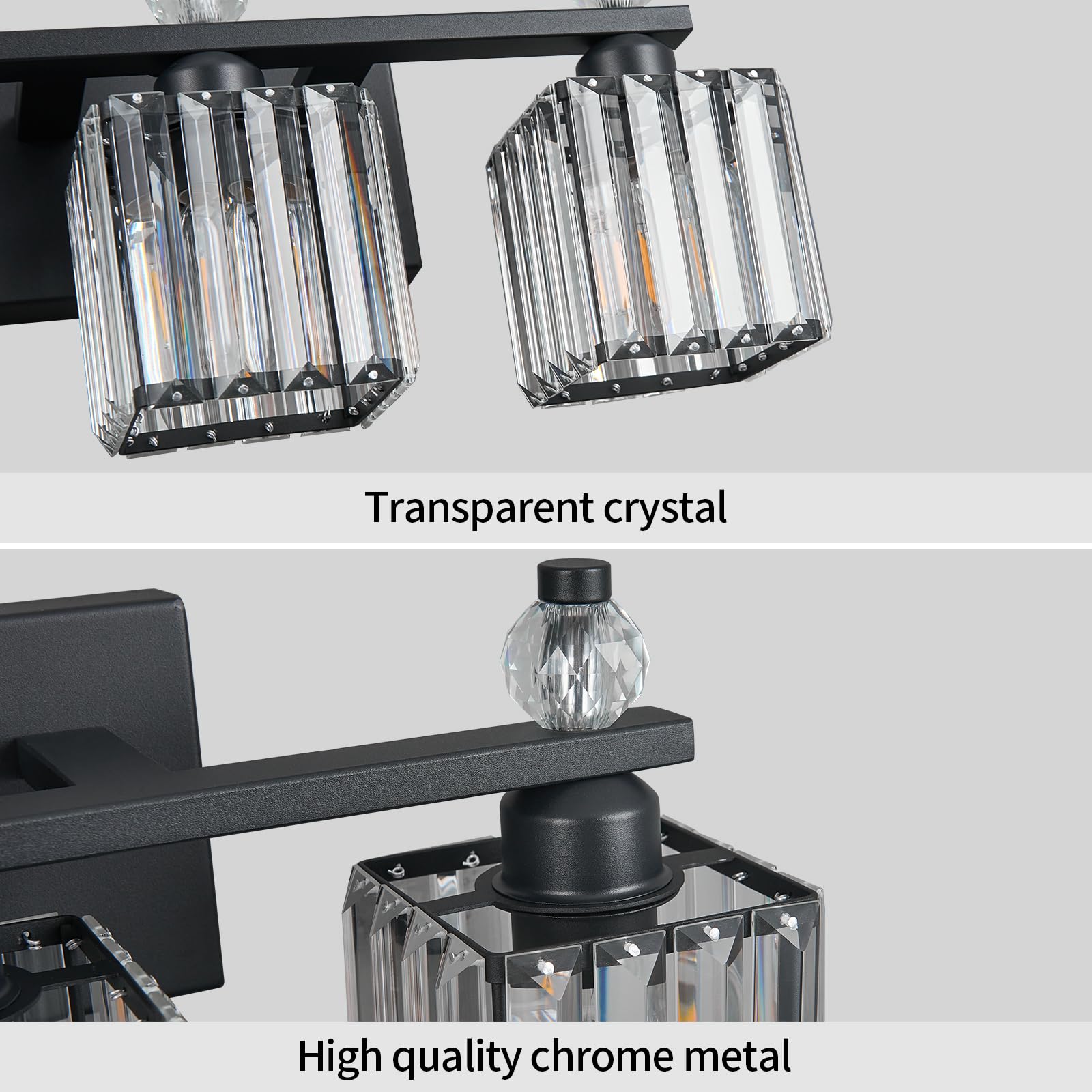 FDPBY 3-Light Sand Black Metal Bathroom Vanity Light Fixture, Modern Crystal Design, Model 290