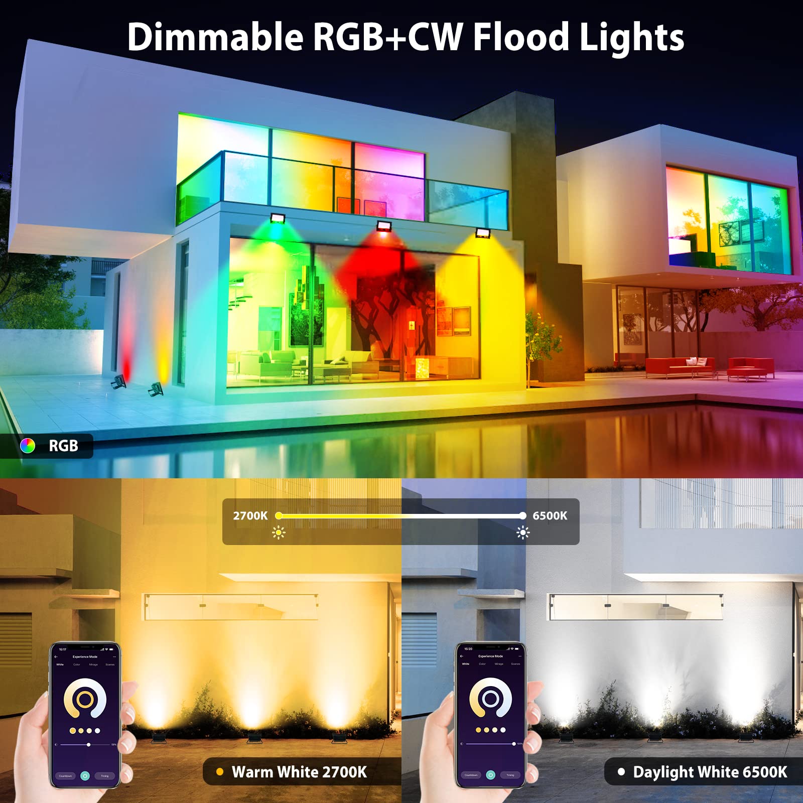 Lolpetik Rgb Led Flood Light 300W Equivalent, Ip66 Waterproof, App Control, 4 Pack Uplights