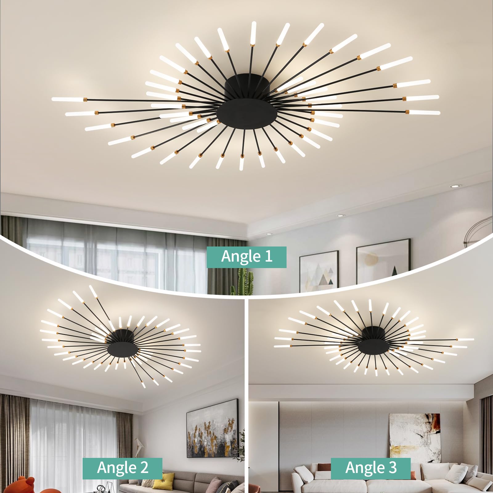 Ziidoo Modern Ceiling Light  42 Lights Metal Firework Designed Chic Led Lighting Fixture For Farmhouse Kitchen Dining Room Bedroom Hallway Living Room (Black)