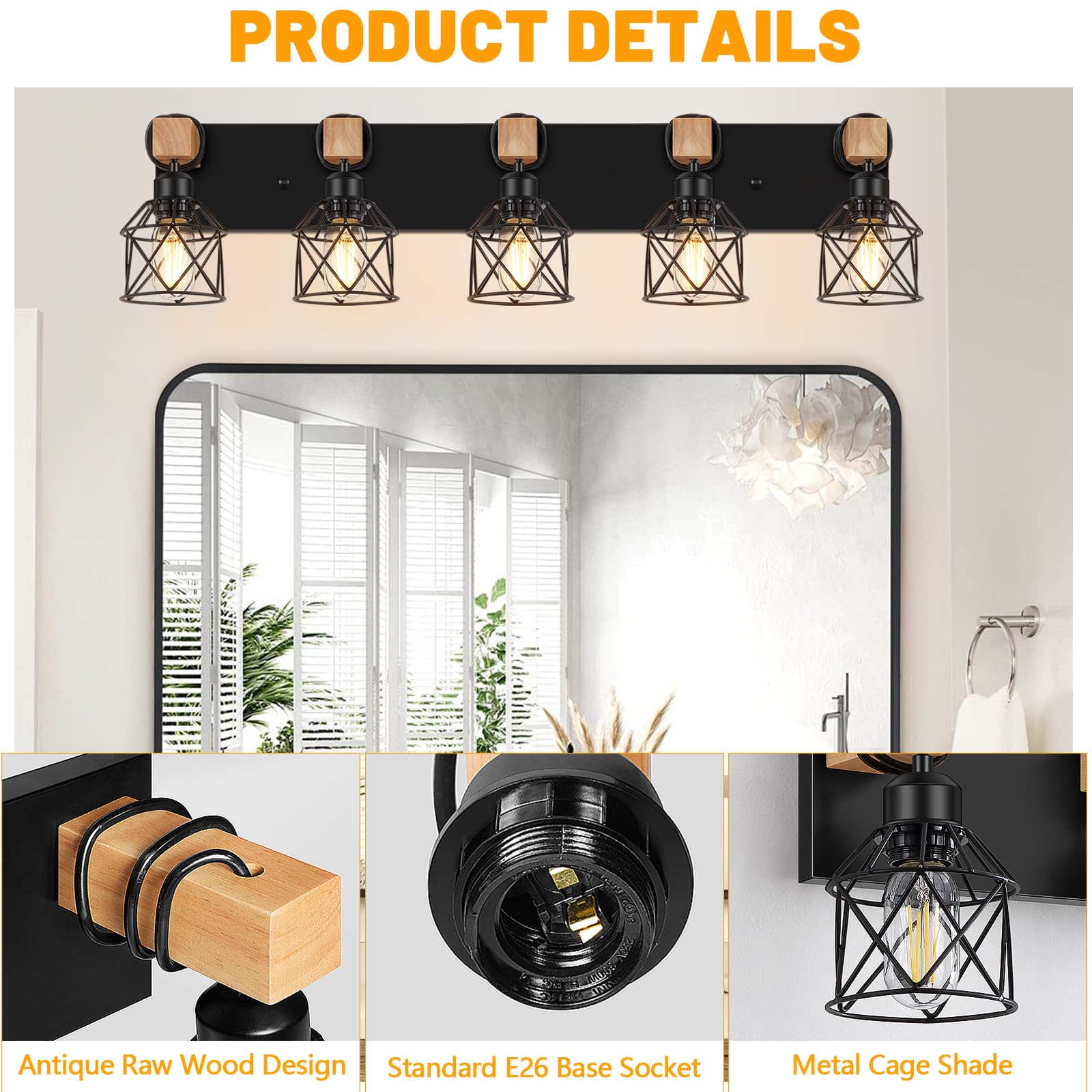 Fadimikoo 5-Light Wooden Black Bathroom Light Fixtures  Rustic Style Vanity Wall Sconces Lighting With Metal Cage  Farmhouse Bathroom Lights Wall Mount For Bedroom  Living Room  Entrance