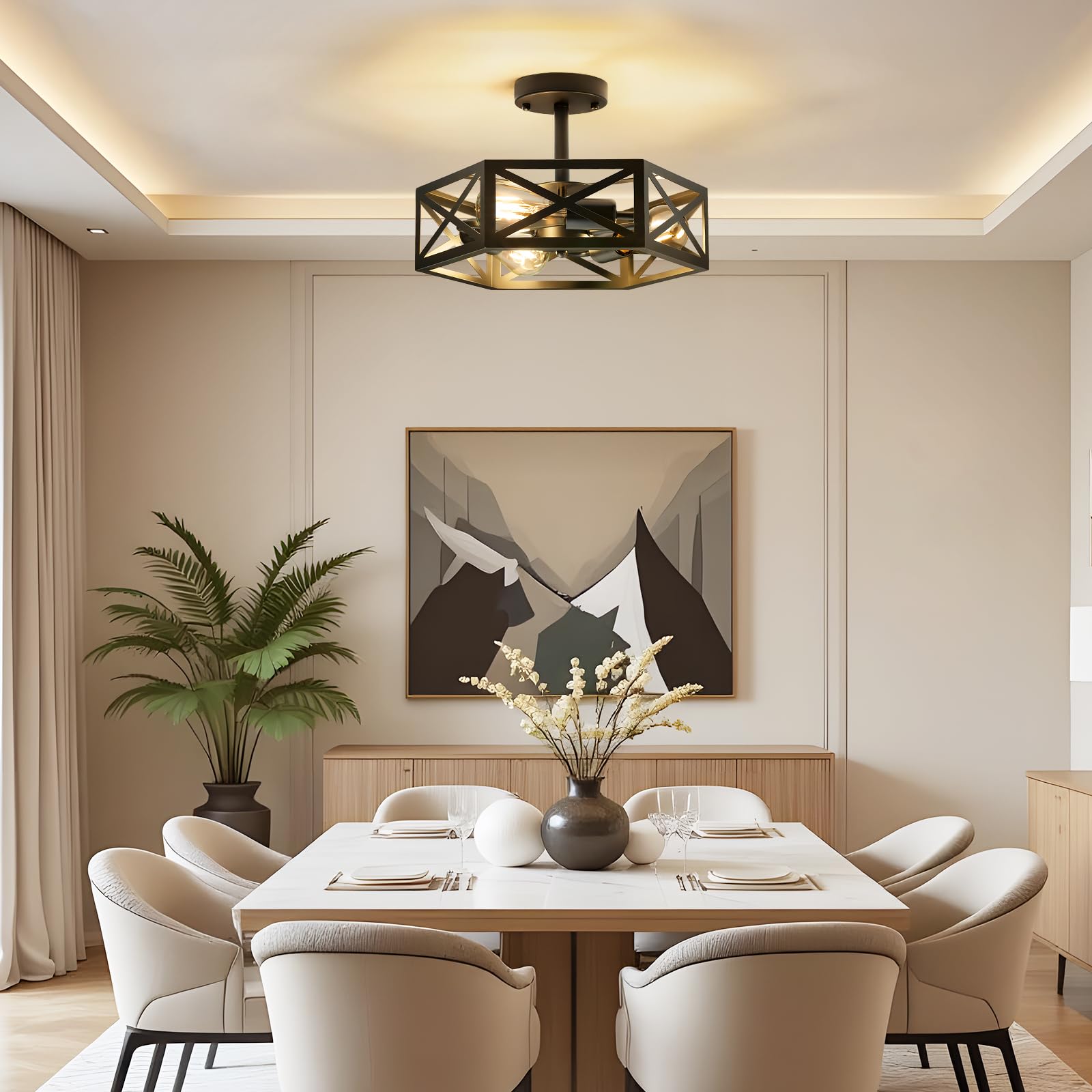 Oteedo Modern Semi Flush Mount Ceiling Light 3-Light Hexagon Flush Mount Ceiling Lights For Dining Room Light Fixture Farmhouse Black Metal Kitchen Island Lighting Fixtures For Hallway Bathroom