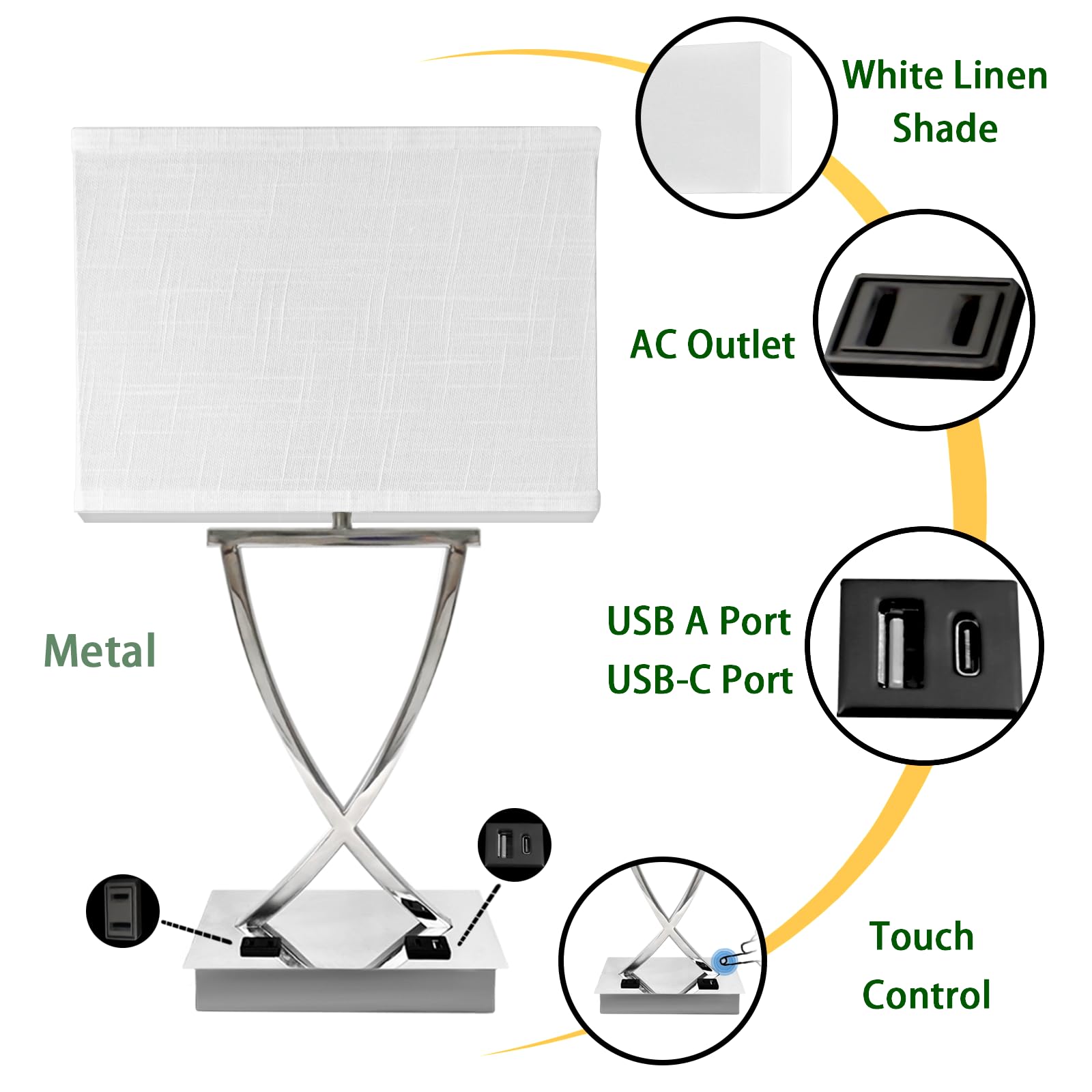 Oyedis 21.38'' Table Lamp For Bedroom Living Room 3-Way Dimmable Touch Control Medium Chrome Bedside Lamp With Usb A+C Ports