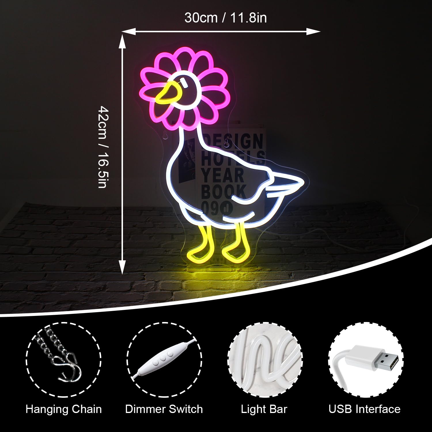 DREAMFORT Neon Sign - Pink Daisy Duck Wall Decor, Dimmable, USB Connectivity, Model DO-daisy duck