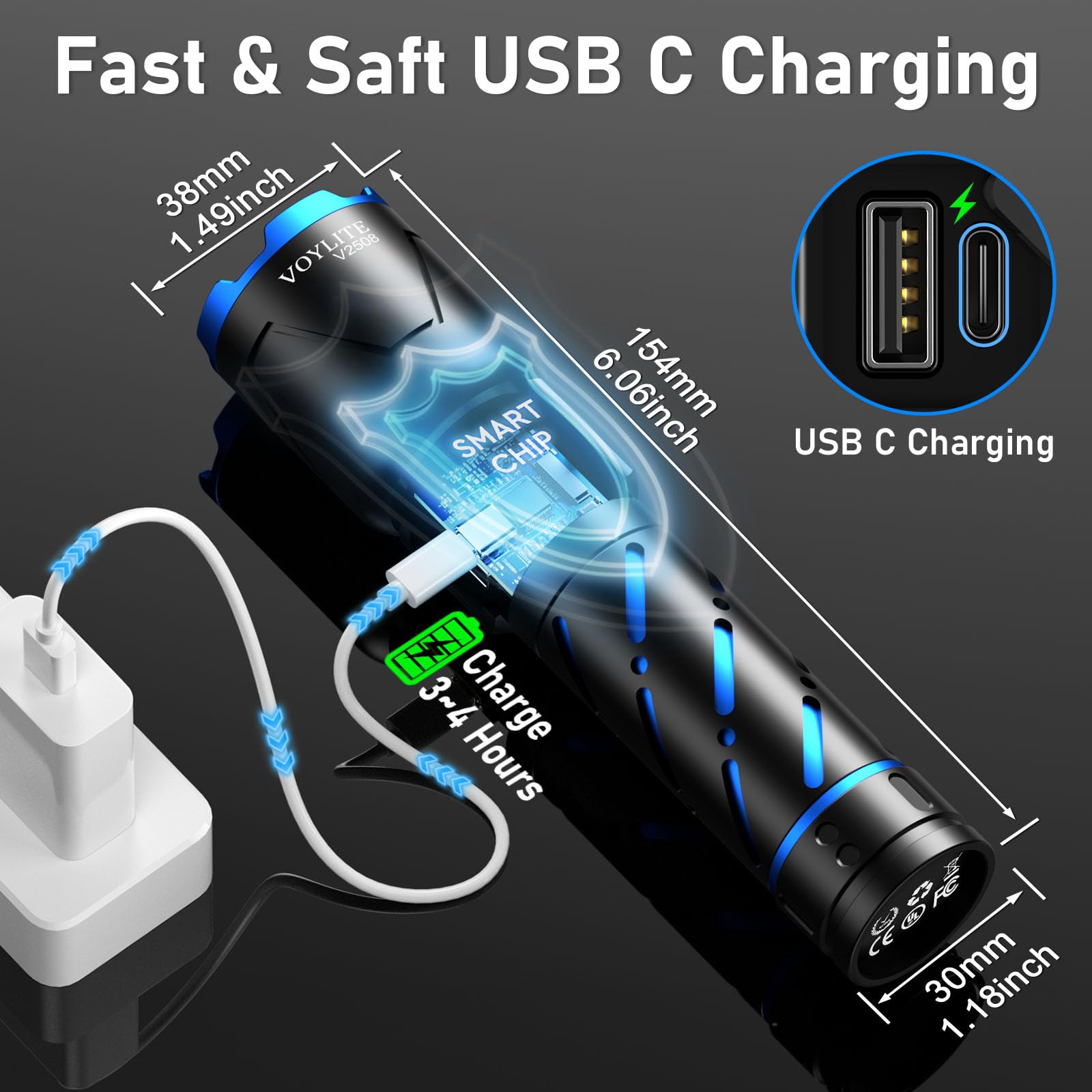Voylite Rechargeable Flashlight - 10000 LM, 5000mAh Battery, Zoomable, IP67 Waterproof, Black, Model V2508