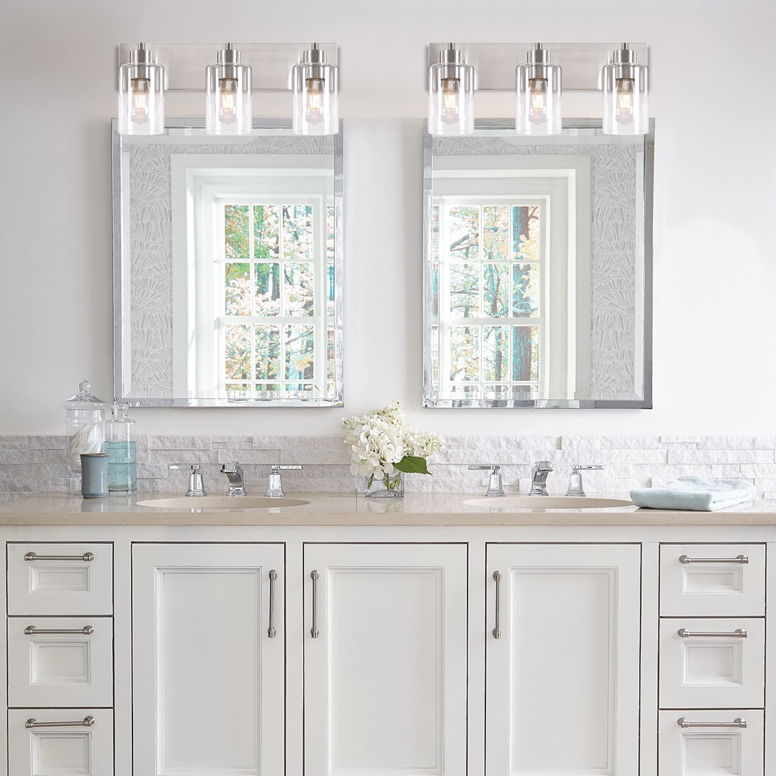 Chosenior 3-Light Bathroom Vanity Light Fixture, Brushed Nickel Metal, KW-7301-3, Modern Glass Shade Over Mirror Lighting
