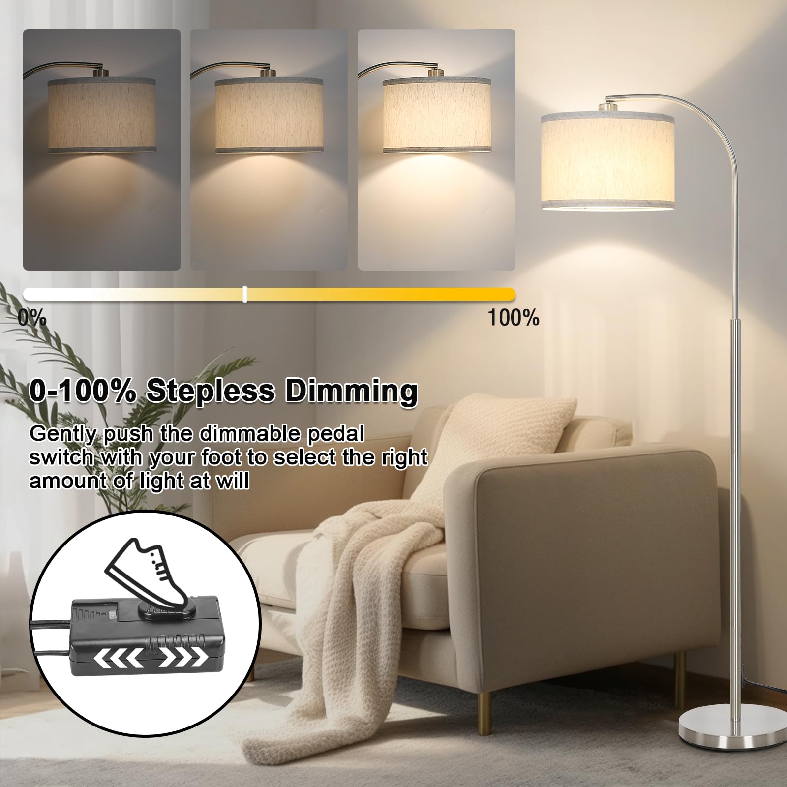 Boncoo Arc Floor Lamp, Dimmable Floor Lamp For Living Room, Standing Lamp With Adjustable Drum Shade, Tall Pole Lamp For Bedroom