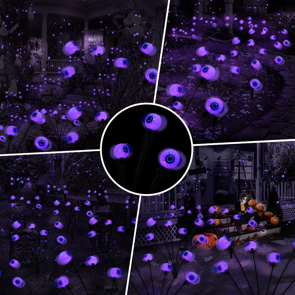 Behiller 2Pack Solar Scary Eyeballs Garden Lights - 12Led Purple Halloween Decorations