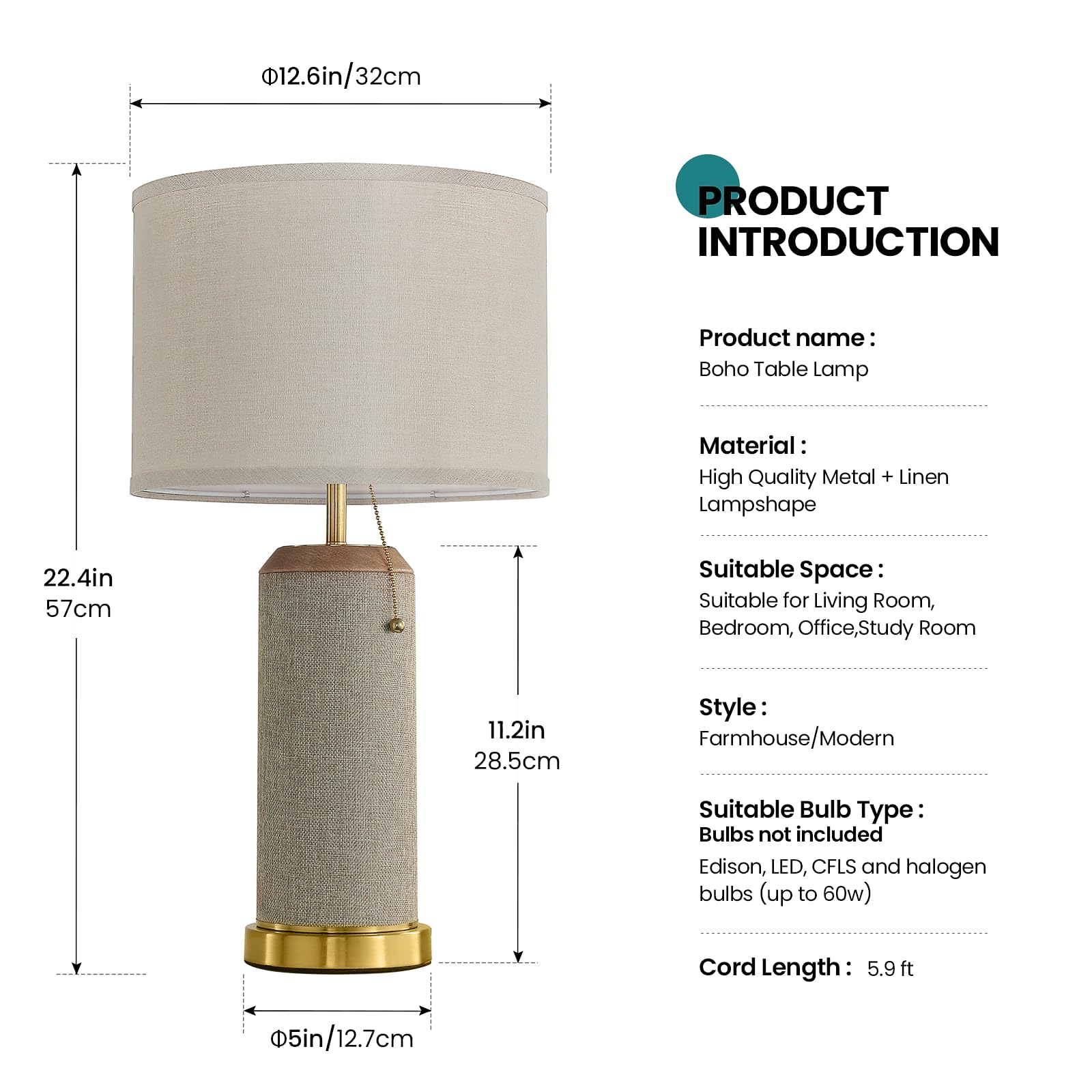 KAISITE Boho Bedside Table Lamps Set of 2, 22.4" Modern Metal Nightstand Lamp with Burlap Shade, Model 8222LP-01YB-TB
