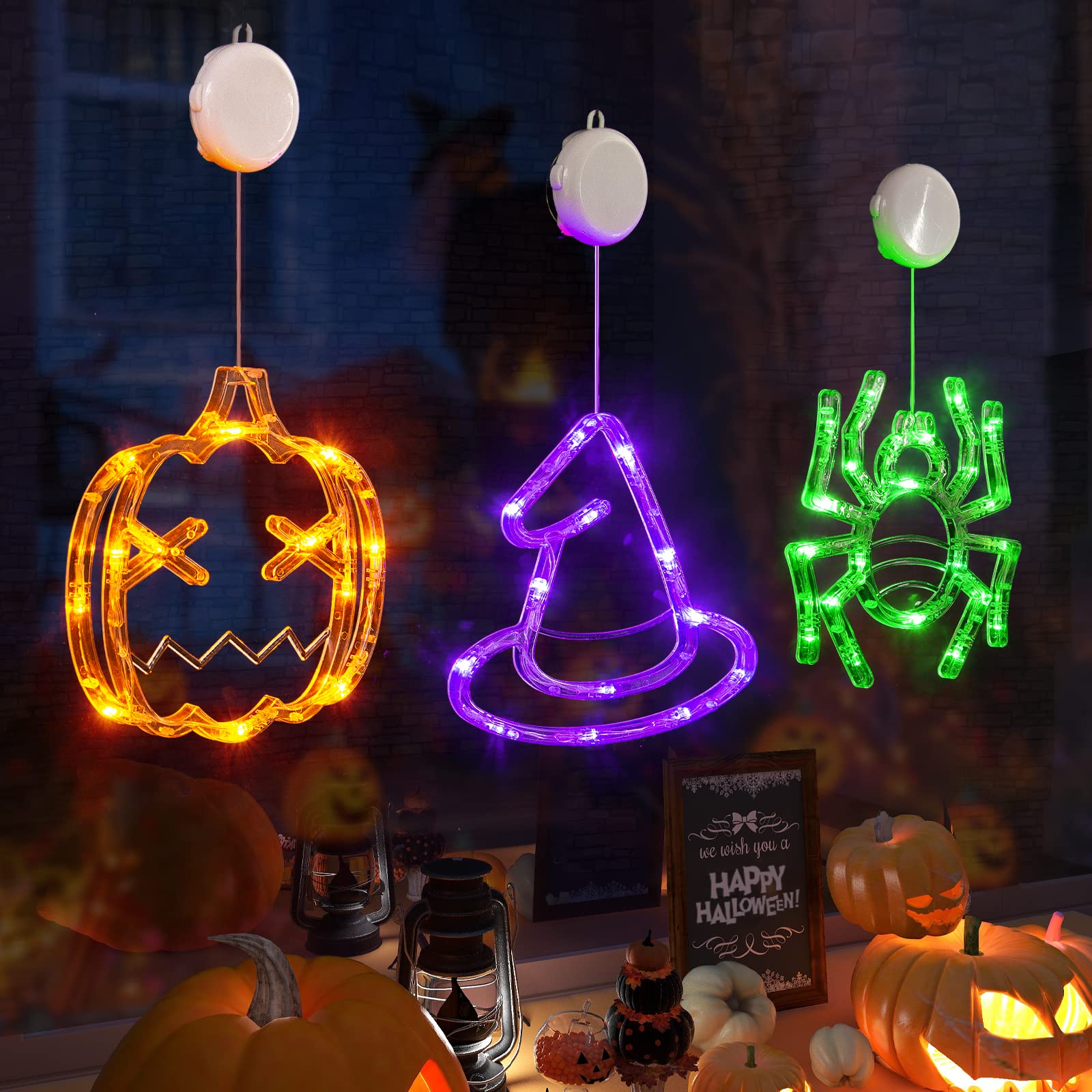LOLStar Halloween Lights - 3 Pack Orange Pumpkin, Green Spider, Purple Witch Hat - Battery Operated with Suction Cup - Slow Fade Mode