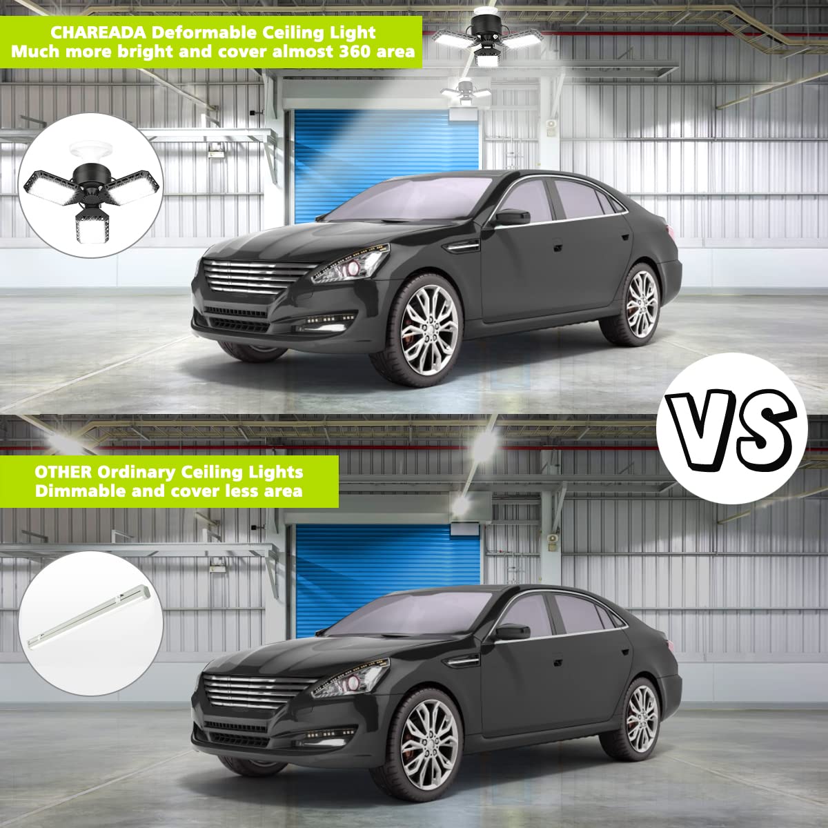 CHAREADA 4 Pack LED Garage Lights, 60W Deformable Ceiling Light, 8000 lm, 3 Adjustable Panels for Warehouse, Workshop, Barn, and Yard