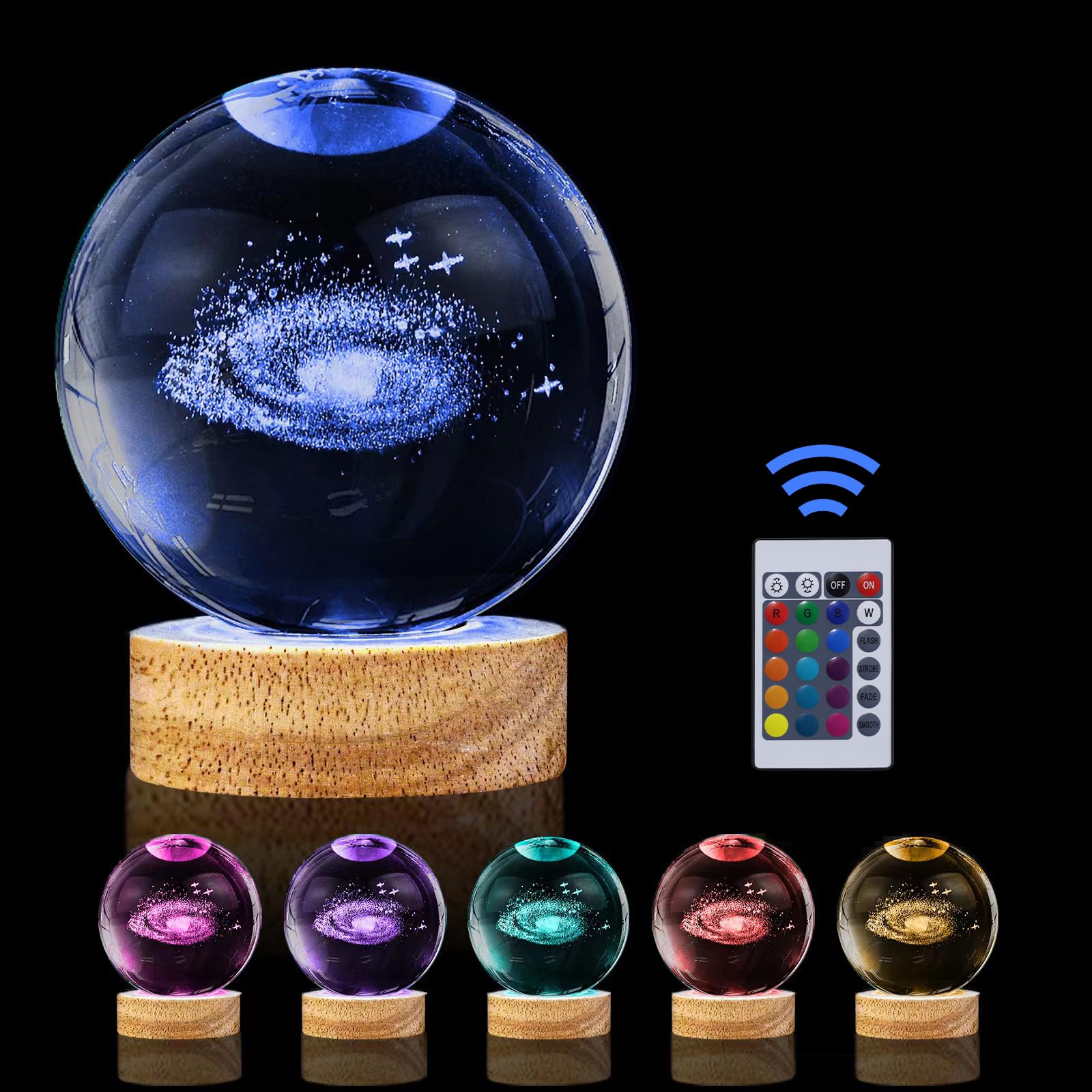 Huntalg 3D Galaxy Crystal Ball Night Light with Remote Upgraded 3.15 Inch Galaxy Planets Glass Ball Lamps with 16 Color LED Wood